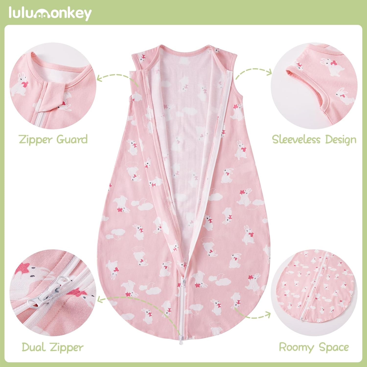Thumbnail 3 de LULUMONKEY 0.5 Tog Baby Summer Sleeping Bag (18-36 Months) – Soft Cotton, Rabbit Design