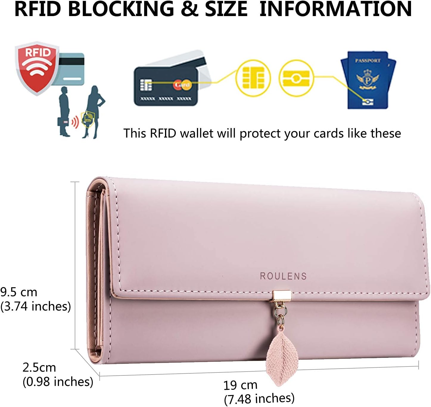 Thumbnail 1 de Roulens RFID Blocking PU Leather Wallet for Women with Leaf Pendant Zipper - Multi Card Slots & Roomy Compartment