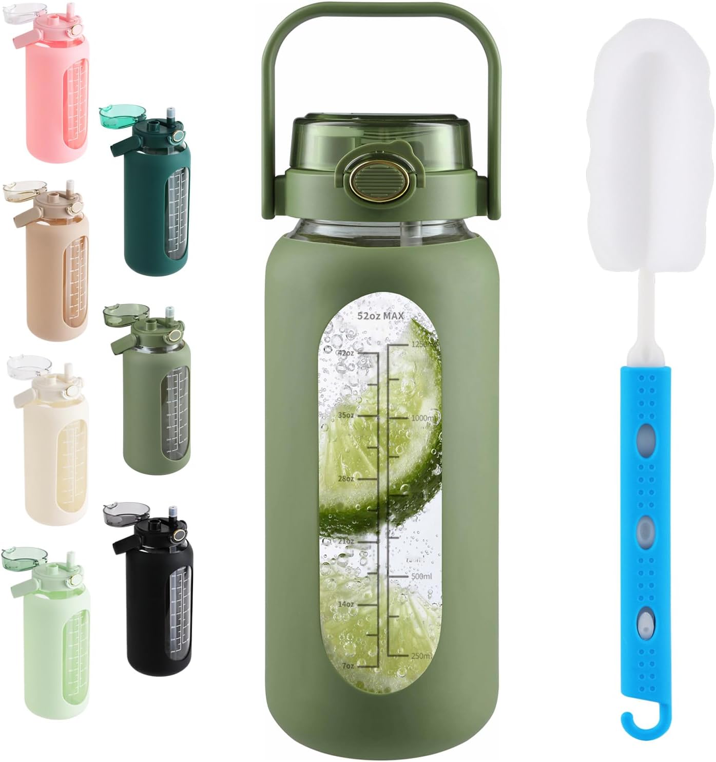 Thumbnail 6 de Glass Water Bottle with Straw and Handle Lid (Half Gallon / 74oz) – Time Marker Motivational Reusable Jug
