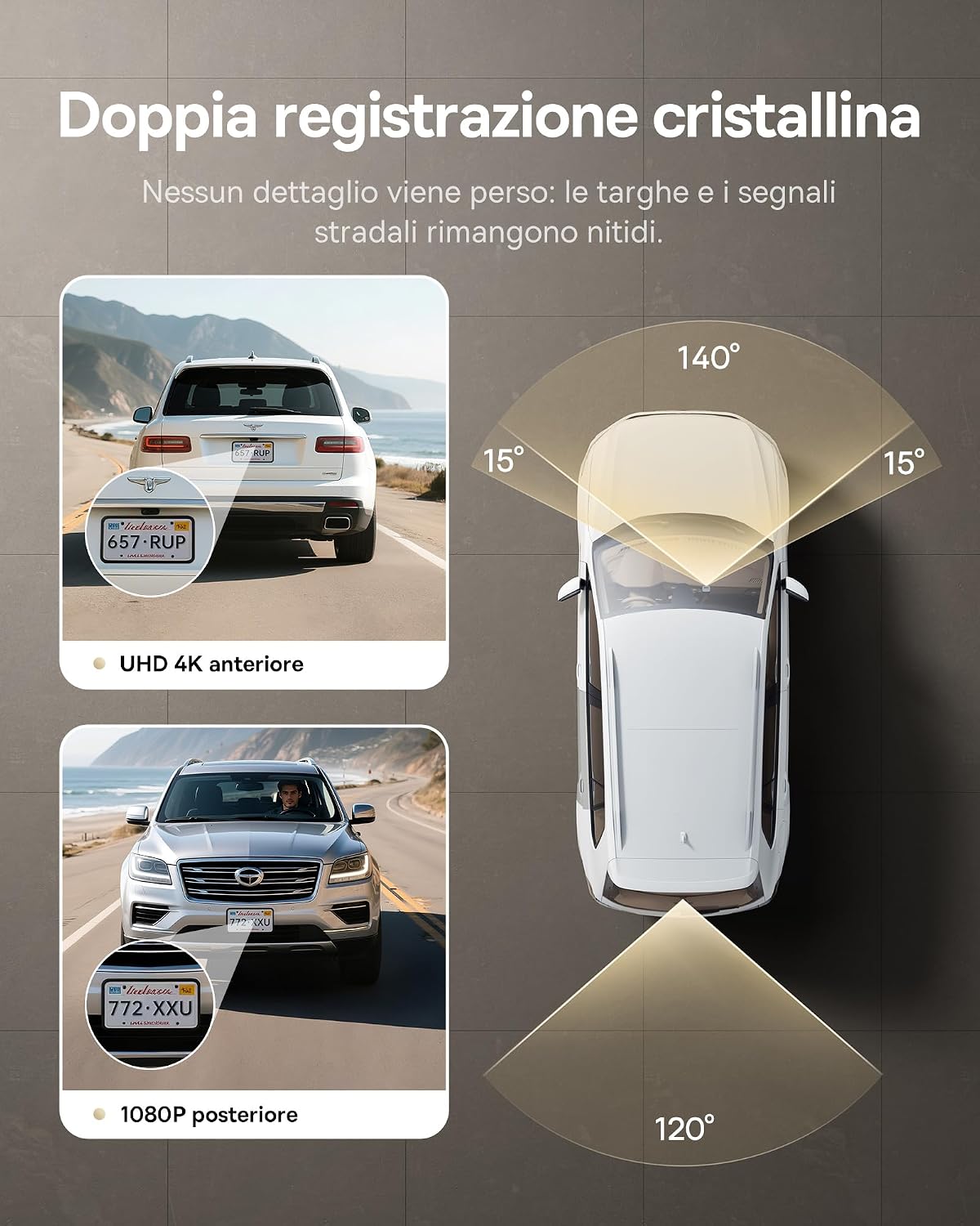 Detalle de Baseus VD1 Pro Dashcam: registrazione frontale 4K + posteriore 1080P, parcheggio solare e WiFi 5GHz