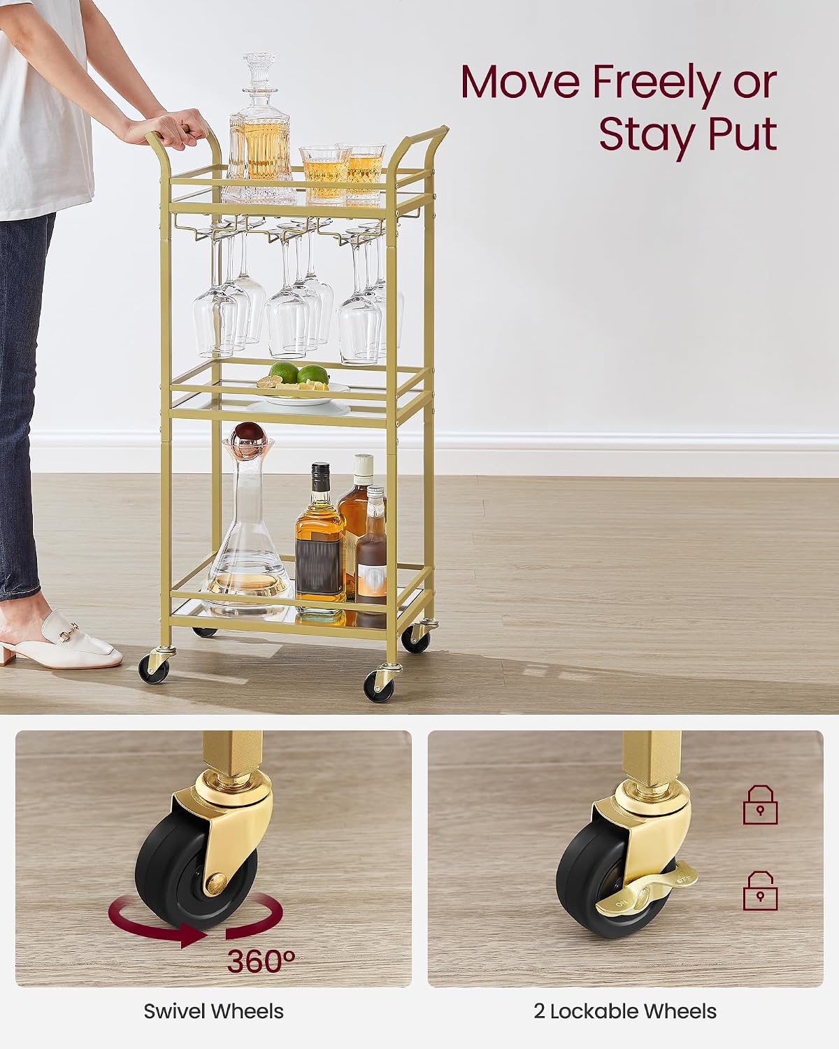 Thumbnail 6 de VASAGLE Baris Collection LRC091A62 3-Tier Drinks Trolley with Mirrored Glass Shelves