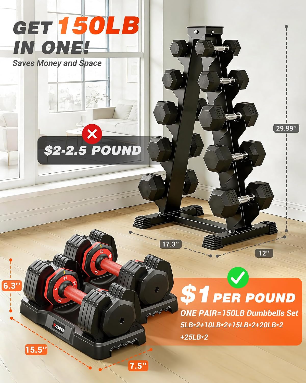 Detalle 2 de Rendpas SP0355 Adjustable Dumbbell Set, 5–25 lb, Quick-Adjust Dial