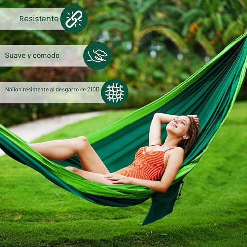 Detalle de Zouway Hamaca de camping al aire libre con correas de árbol y funda integrada (verde oscuro) — soporta hasta 200 kg