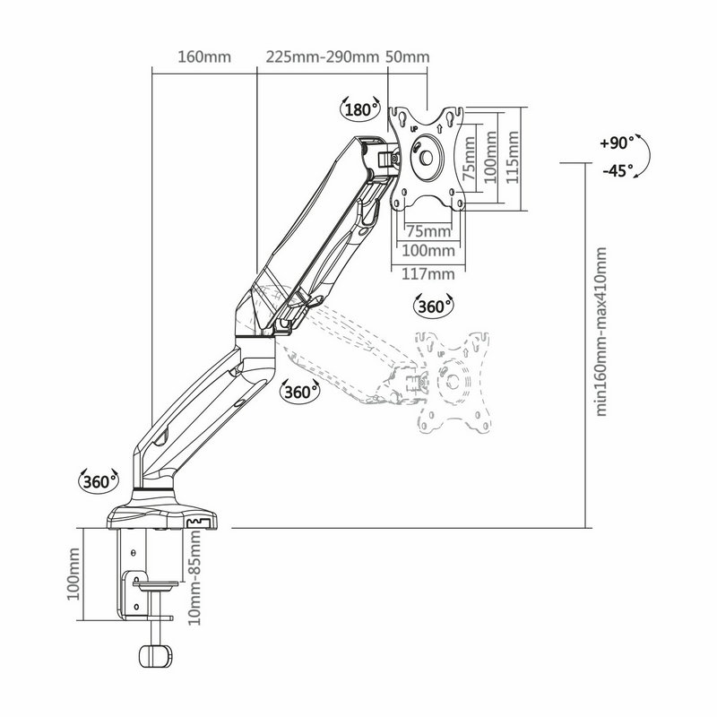Detalle de AISENS DT27TSR-043 Soporte de Mesa para Monitor/TV 13"–27" con Pistón de Gas, VESA 75x75/100x100