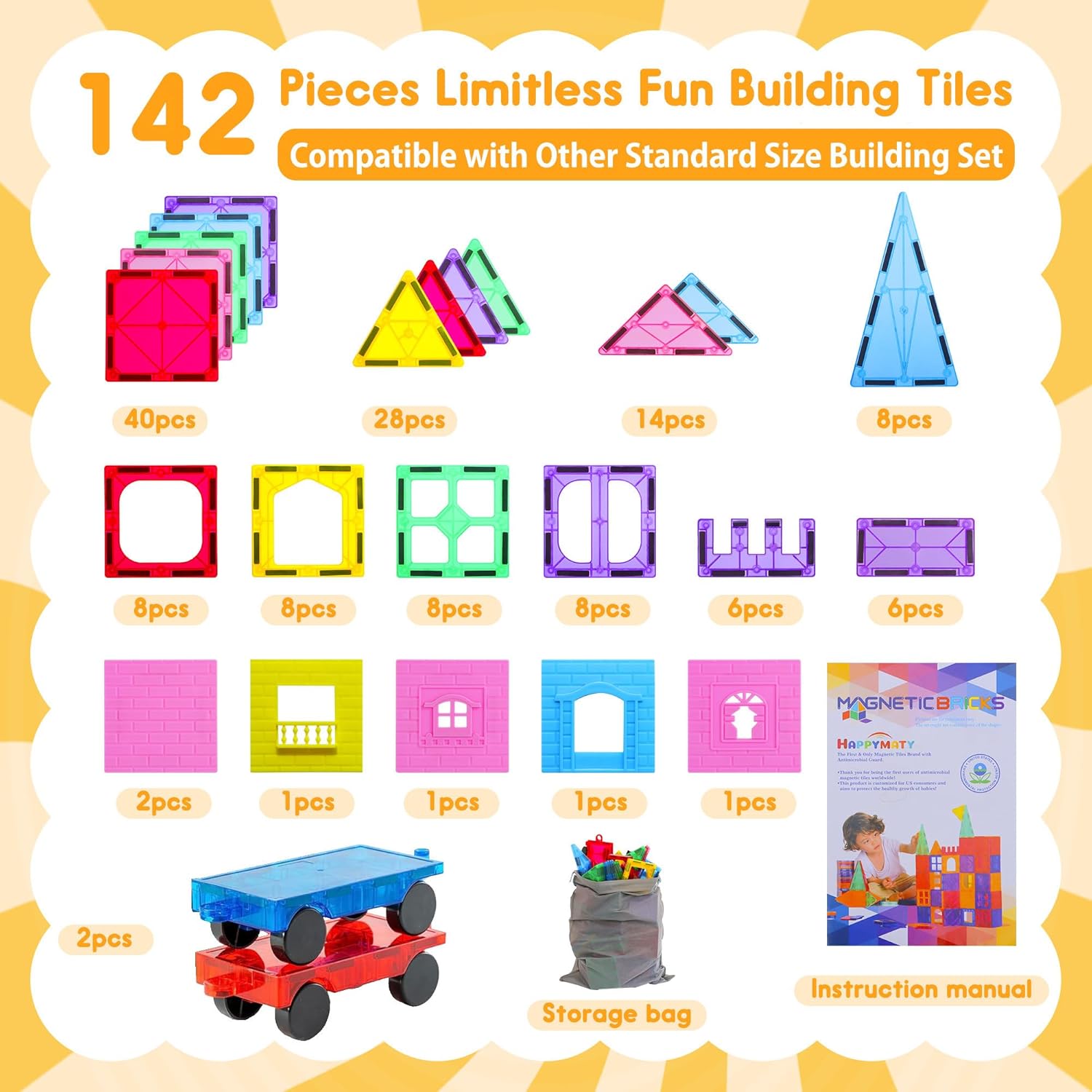 Thumbnail 5 de HAPPYMATY Upgraded Antibacterial Magnetic Tiles (142PCS) with 2 Cars for Ages 3+