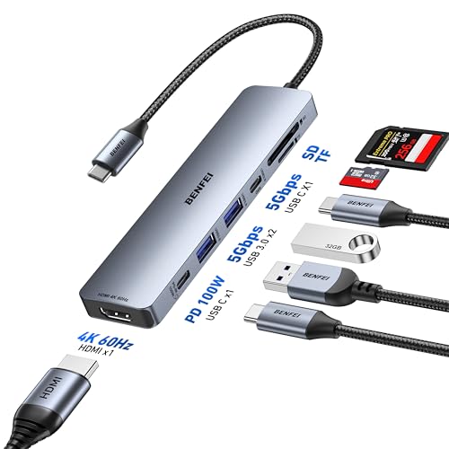 Detalle de BENFEI HUB USB C 7 en 1 con HDMI 4K60Hz, carga 100W y lector SD/TF