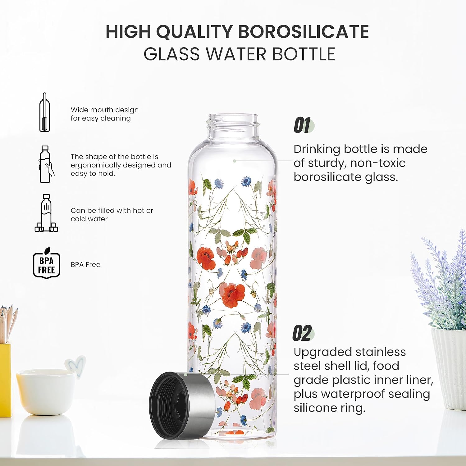 Detalle de Autsel Glass Water Bottle 500ml – Artistic Borosilicate Bottle with Protective Sleeve
