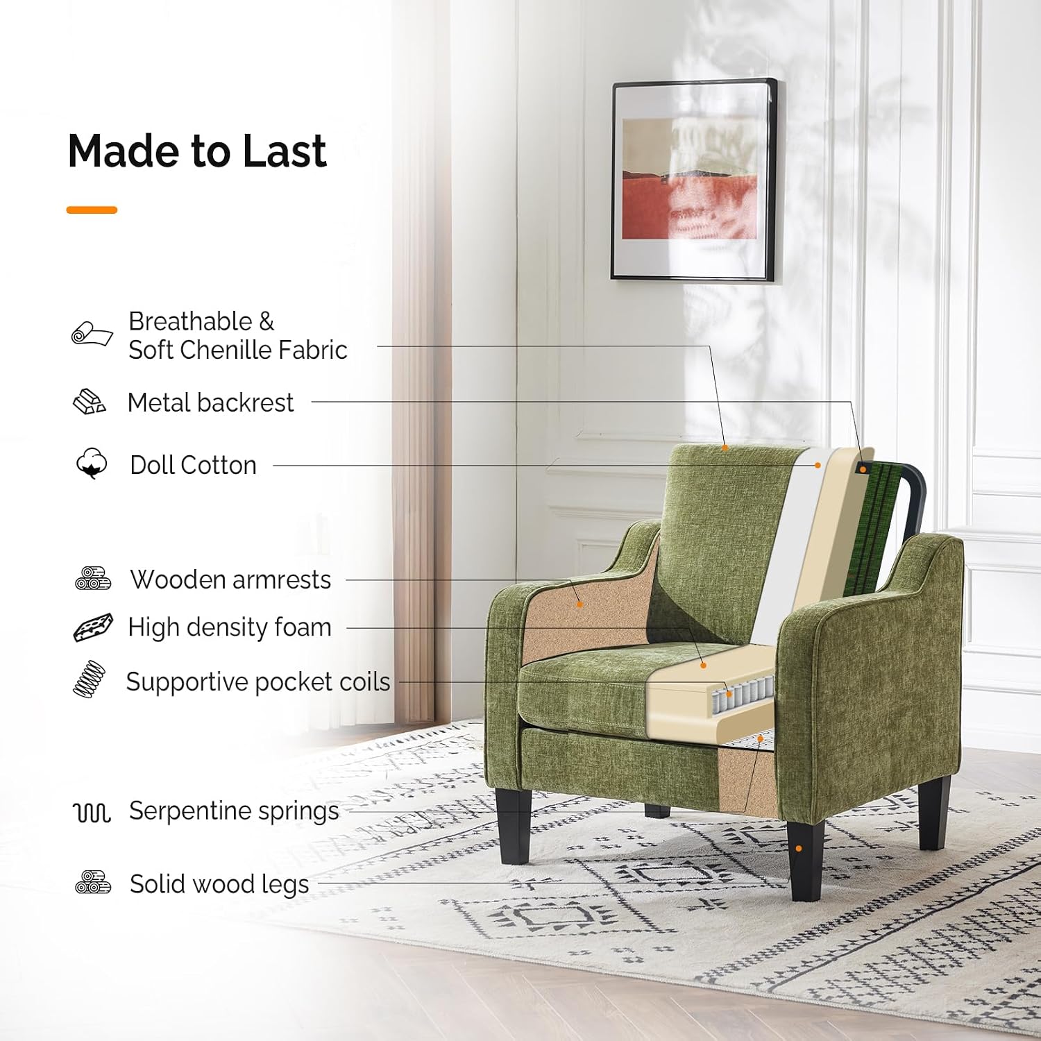 Thumbnail 5 de VINGLI Olive Green Accent Chair – Mid Century Modern Upholstered Reading Chair