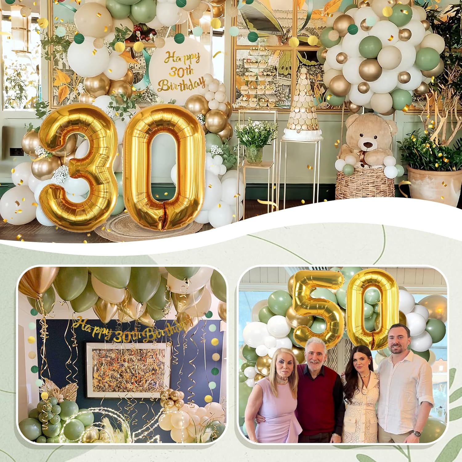Detalle de 50th Birthday Decoration for Women and Men – Green & Gold Balloons Set (Reusable)
