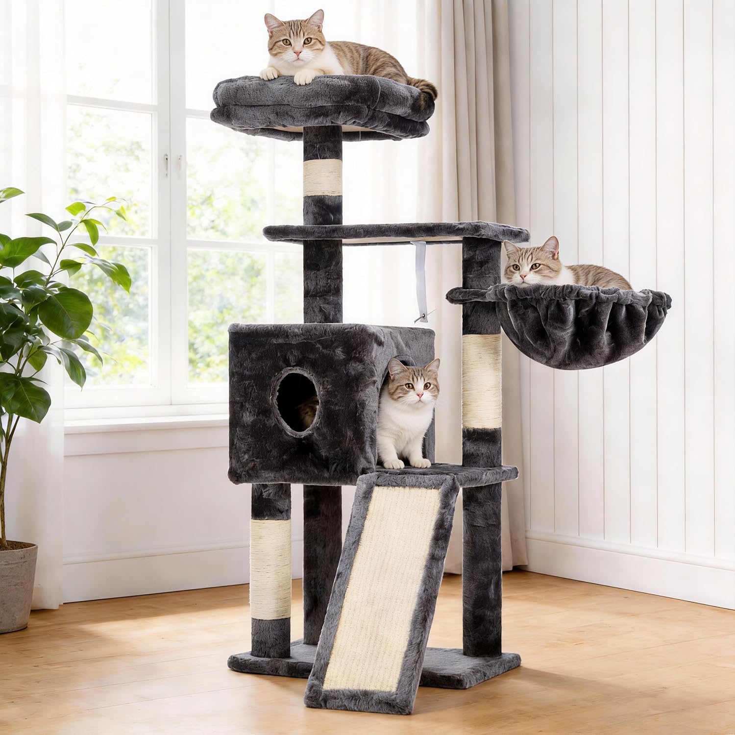 Detalle de Hey-brother Kratzbaum 108 cm – mehrstöckiger Indoor-Katzenbaum für Kätzchen