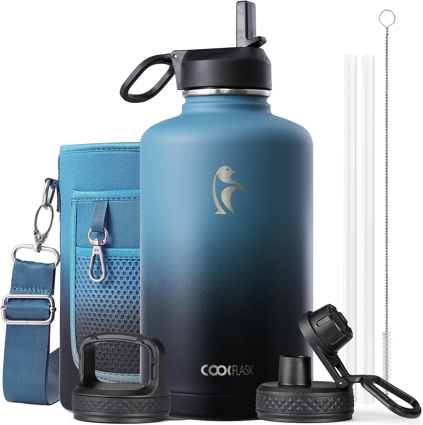 Detalle de Coolflask Long-lasting Insulated Water Bottle, 87 oz, Three Lids, Samurai Cyan