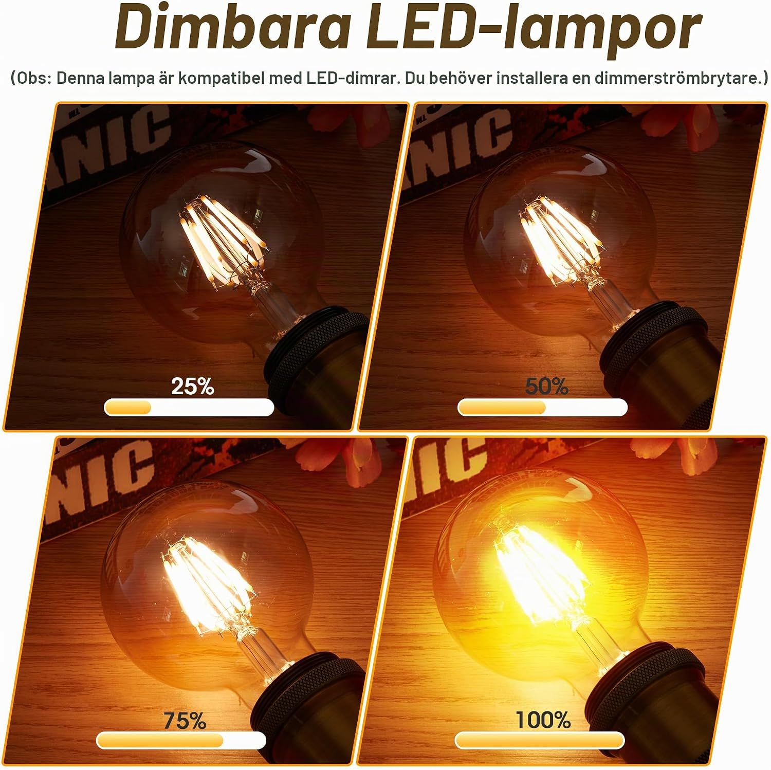 Detalle 2 de WEDNA G80 E27 LED-lampa, 6 W, dimbar med bärnstensfärgat glas