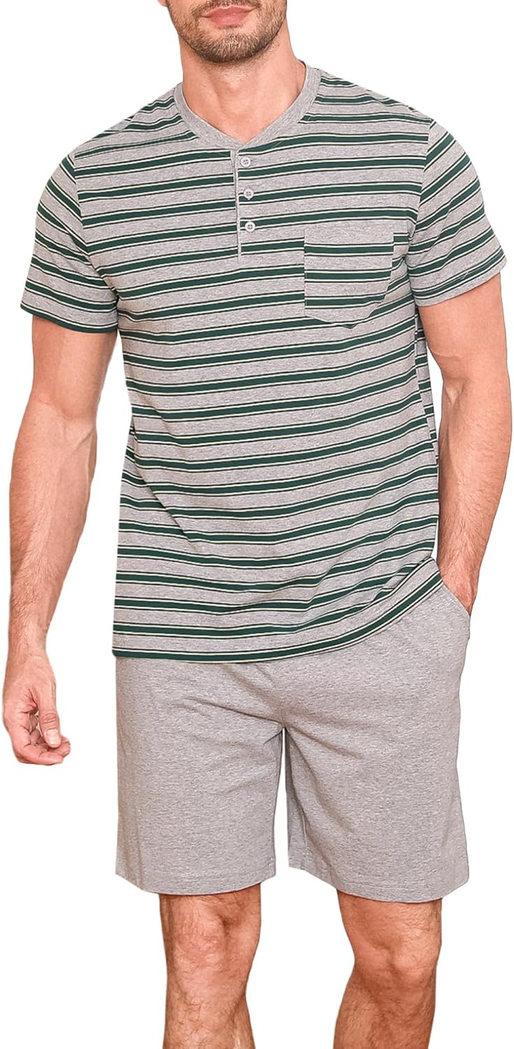 Detalle de Winovia Herren Schlafanzug Kurz Baumwolle – Streifen-Design, Sommerpyjama mit Knopfleiste