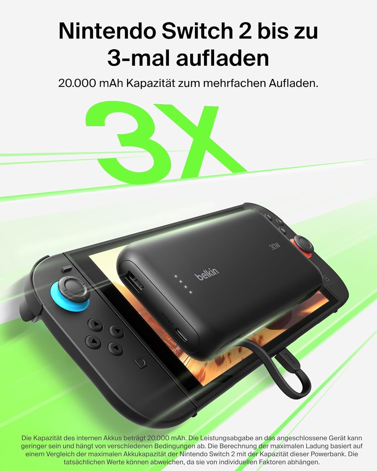Thumbnail 1 de Belkin Gaming Powerbank 20.000 mAh mit integriertem USB‑C‑Kabel (30 W) – für Nintendo Switch 2 & Smartphones, Schwarz
