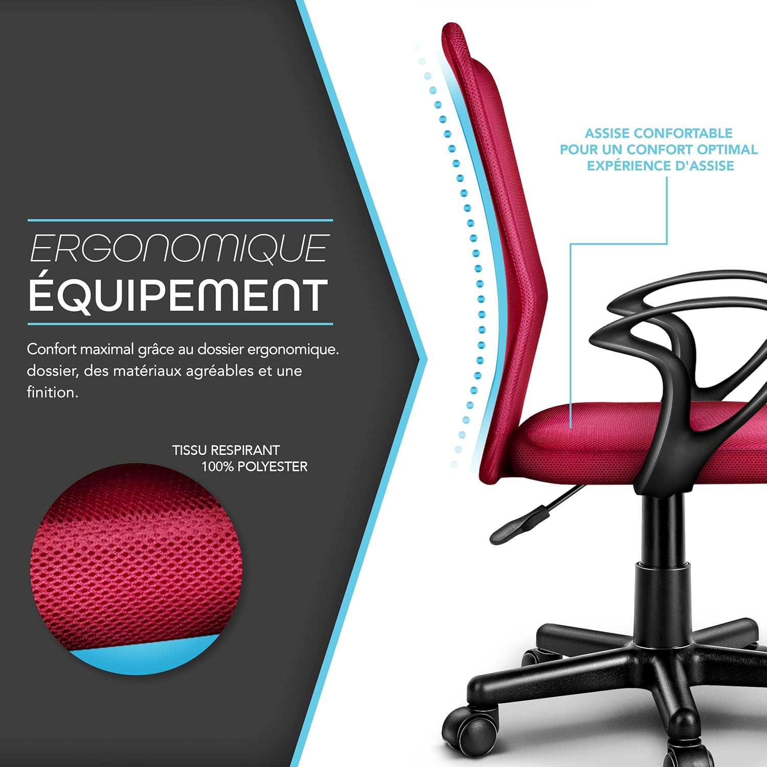 Thumbnail 4 de TRESKO Chaise fauteuil de bureau ergonomique avec accoudoirs et dossier respirant, hauteur d’assise ajustable 32 à 45 cm
