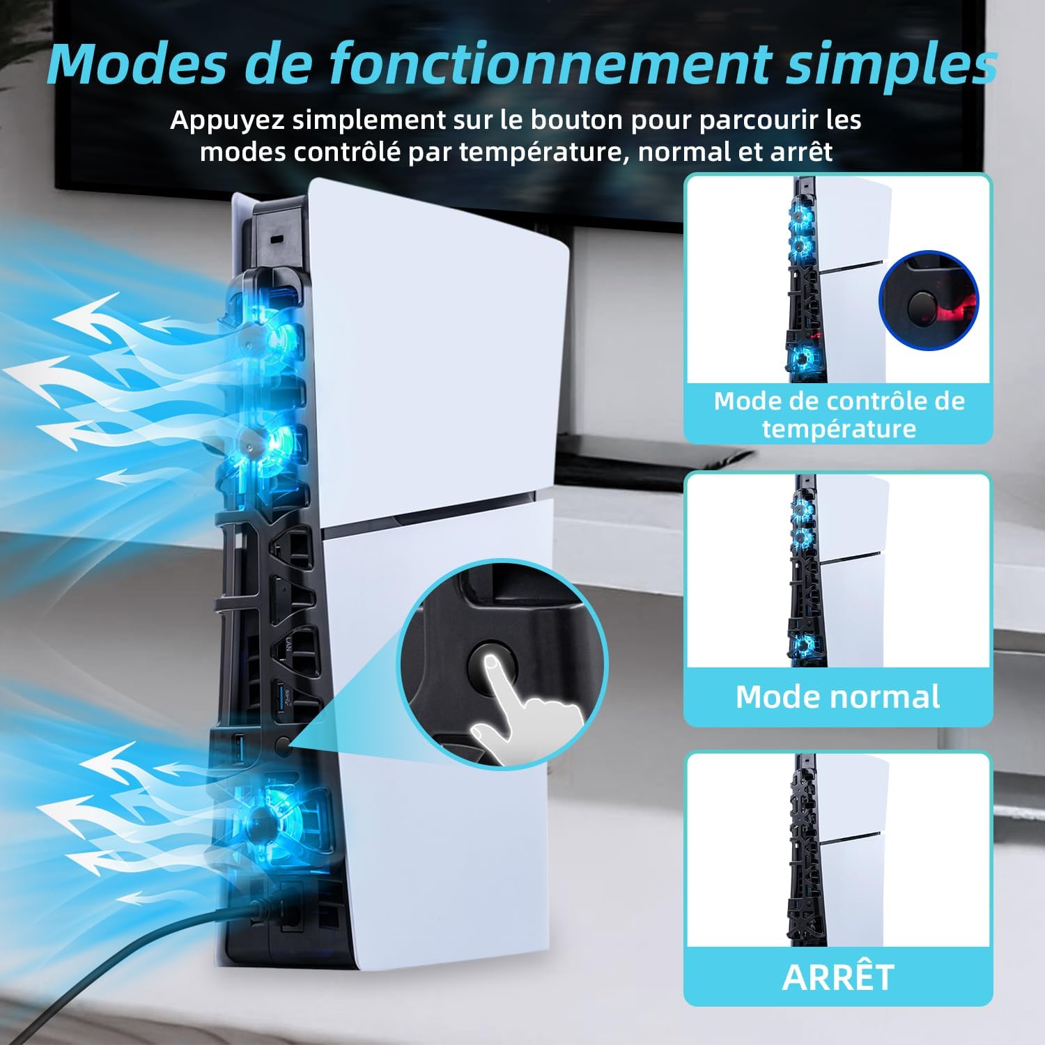 Thumbnail 5 de Tolesum Ventilateur de refroidissement pour PS5 Slim avec éclairage LED RGB (USB arrière) – Noir