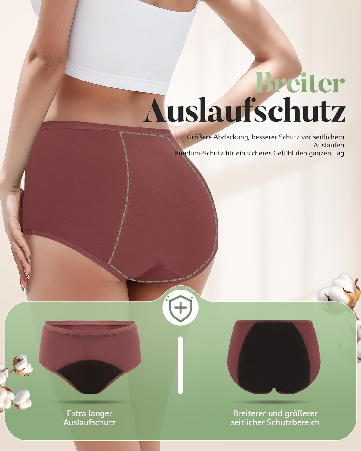 Detalle de TANSTC Periodenunterschwäsche – starke Blutung, Baumwolle, High Waist, 3er Pack