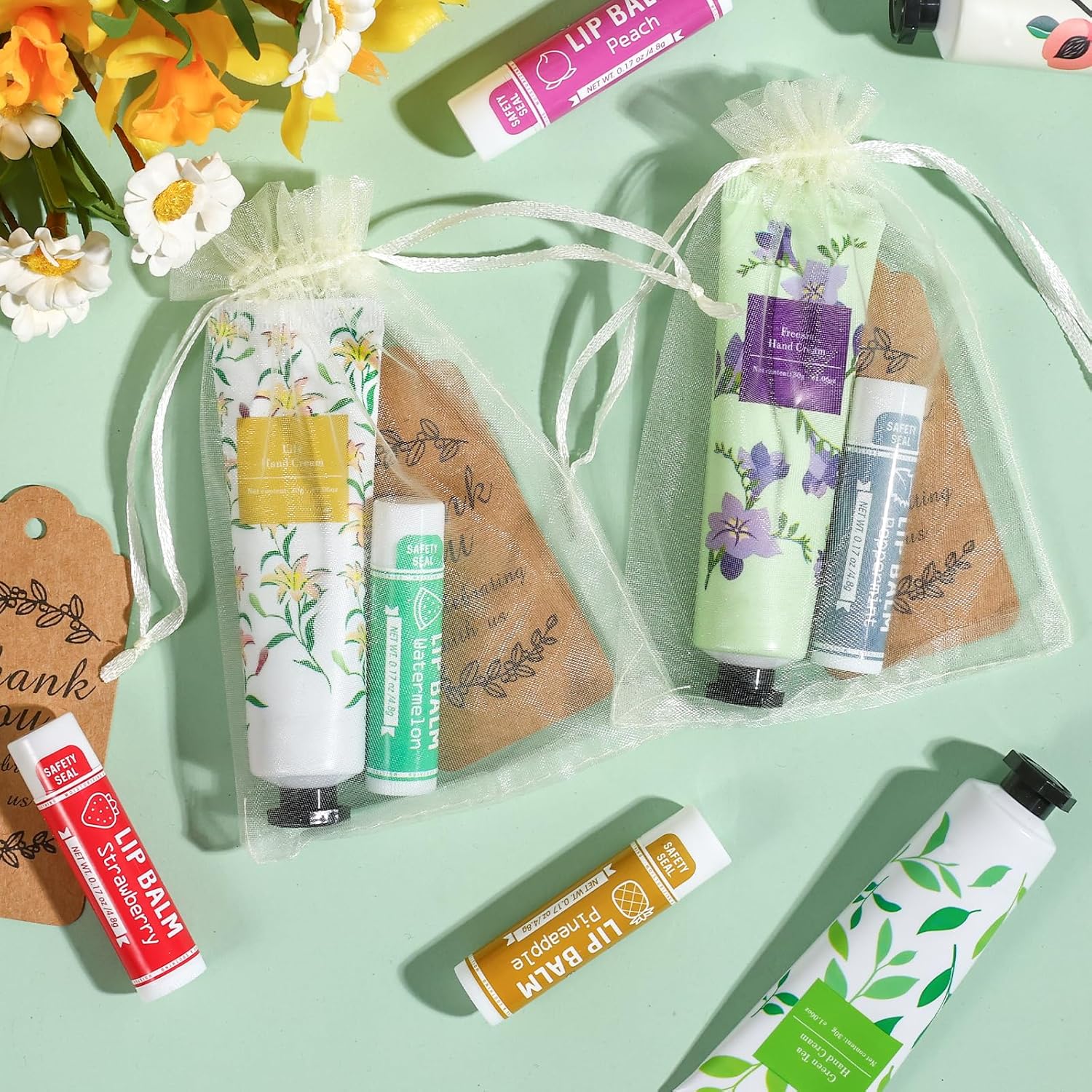 Thumbnail 3 de AZEN 60 Sets Bulk Hand Cream and Lip Balm Gift Set with Organza Bags and Thank-You Labels