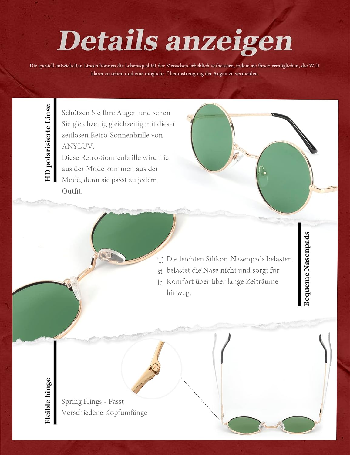 Detalle 2 de ANYLUV Sonnenbrille Herren Polarisiert – Runde Brille mit UV400-Schutz
