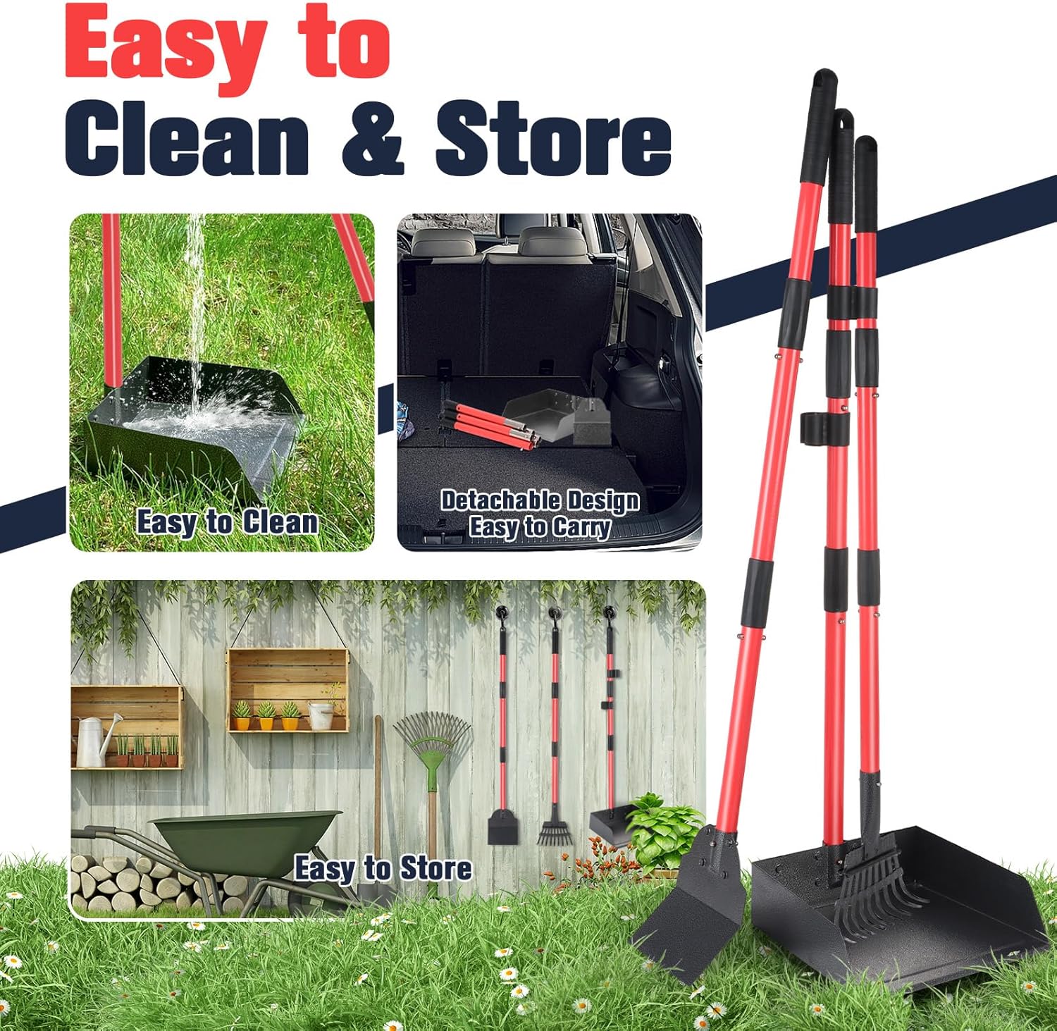 Detalle de Dog Pooper Scooper Tray, Rake & Shovel Kit with Adjustable Metal Long Handle (plus 10 Waste Bags)