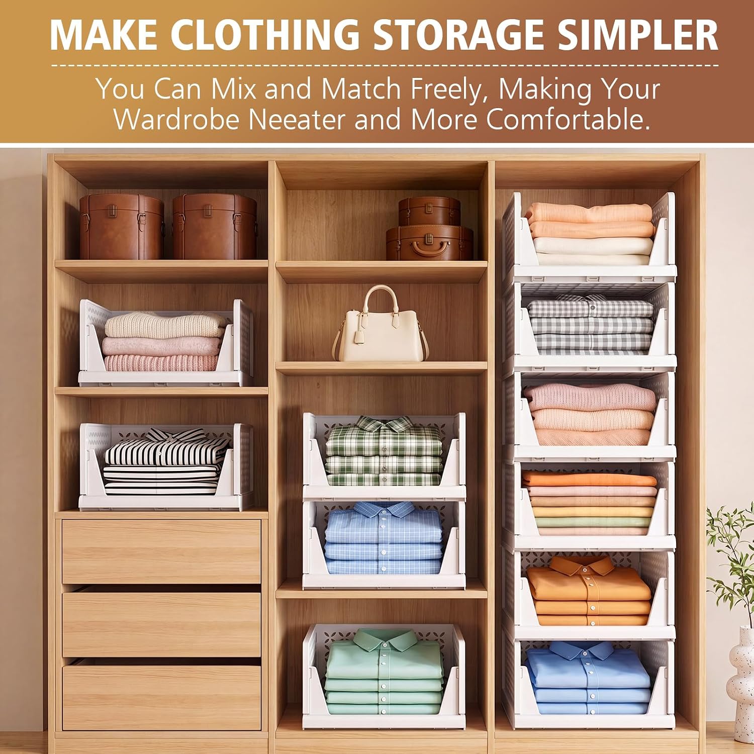 Detalle 2 de NestOrganix 1 Stackable Closet Organizers, 4-Pack Foldable White Bins