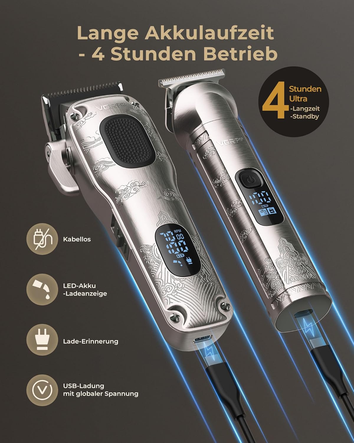 Thumbnail 4 de VGRPRO Haarschneidemaschine Herren Profi-Set (kabellos) mit Trimmer, 9 Führungskämmen & Taper/Fade-Aufsatz