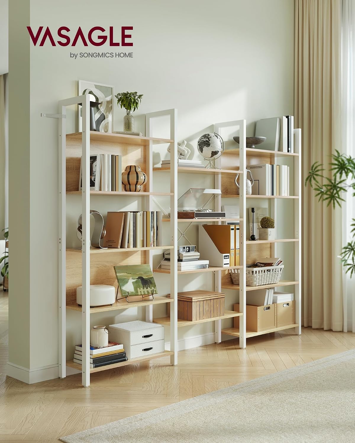 Detalle 2 de VASAGLE BARNET LLS107YA01 14-Shelf Bookcase, Steel Frame, Golden Oak and White