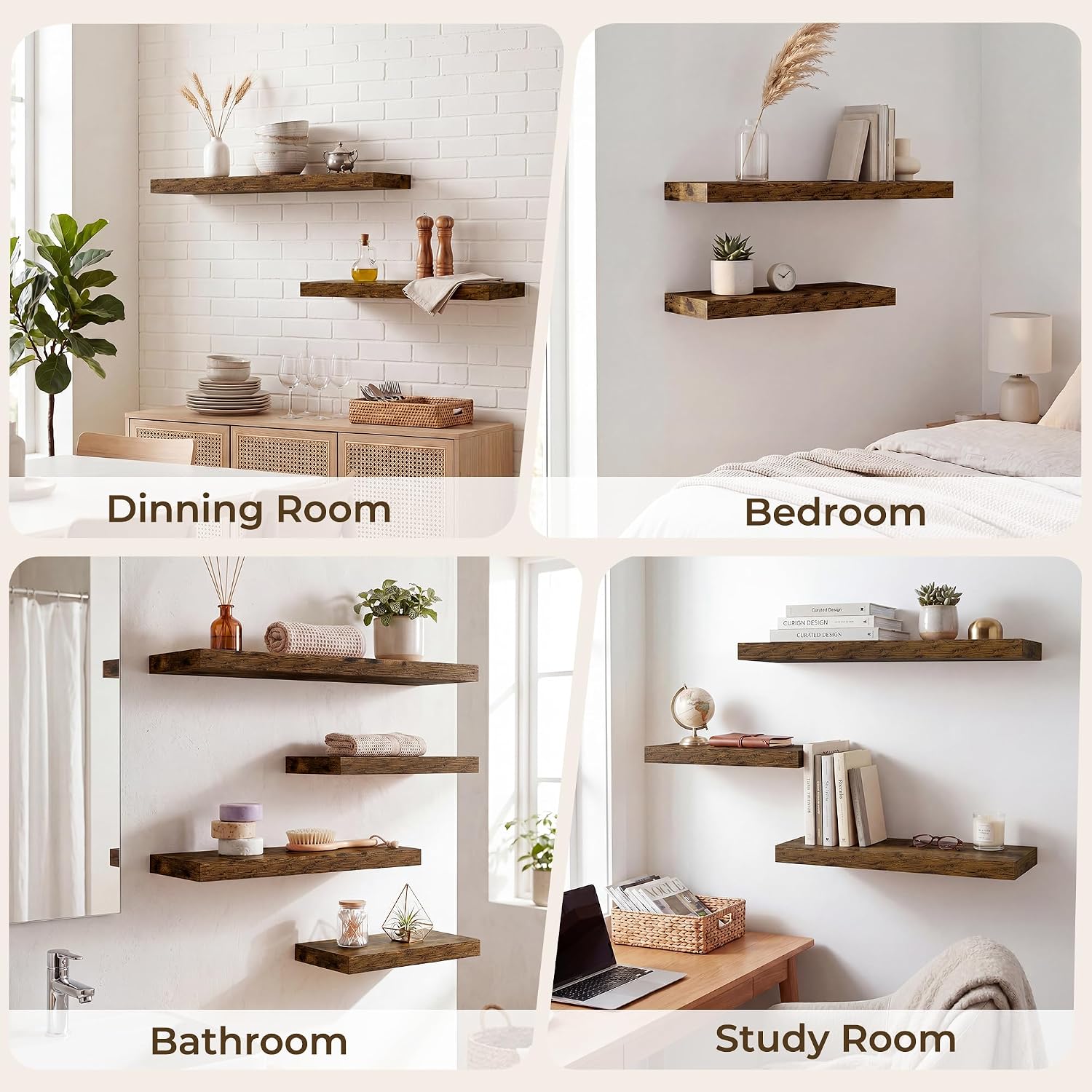 Thumbnail 6 de RICHFOCUS 8 Inch Floating Shelves Set of 4: Rustic Wall Shelves with Invisible Brackets
