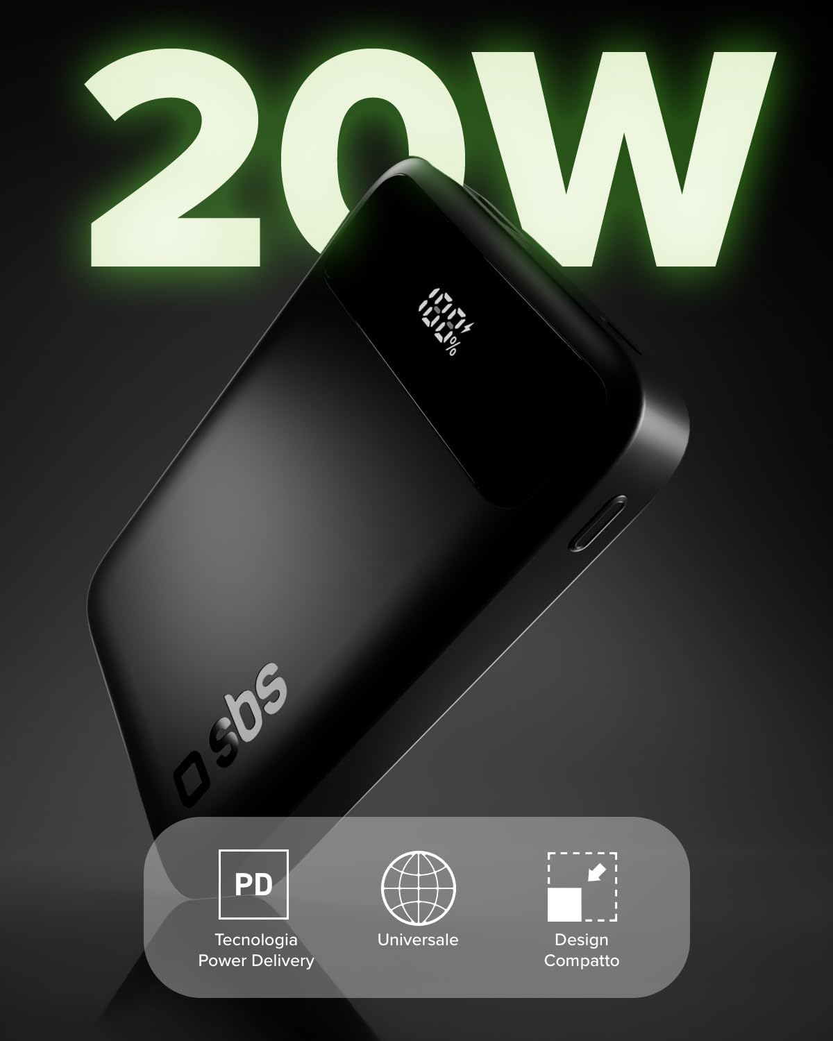 Detalle de SBS Compact PowerBank 10000mAh 20W PD 3.0 PPS, AFC, Display LCD, USB-C e USB-A, nero