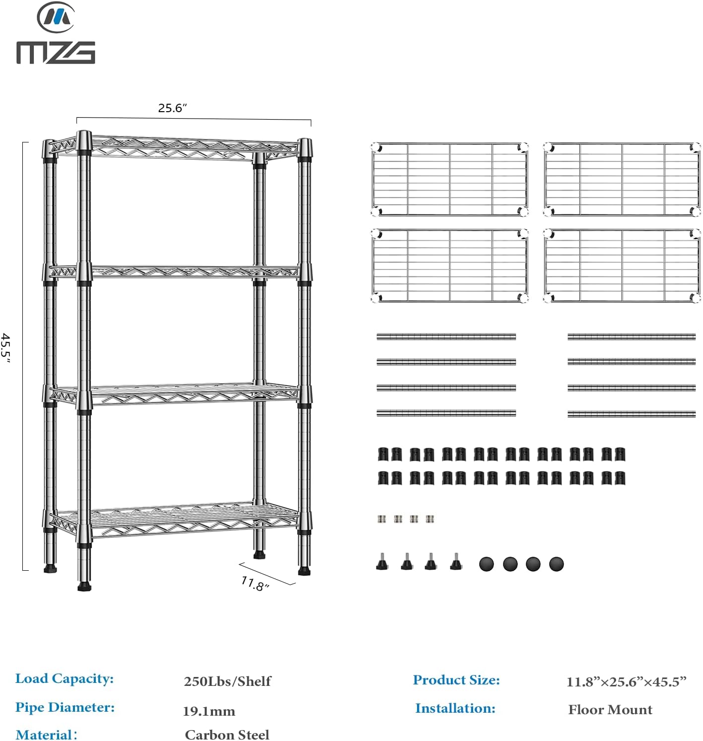 Detalle de M MZG 4-Tier Metal Wire Storage Shelf, Adjustable Carbon Steel, 25.6" W