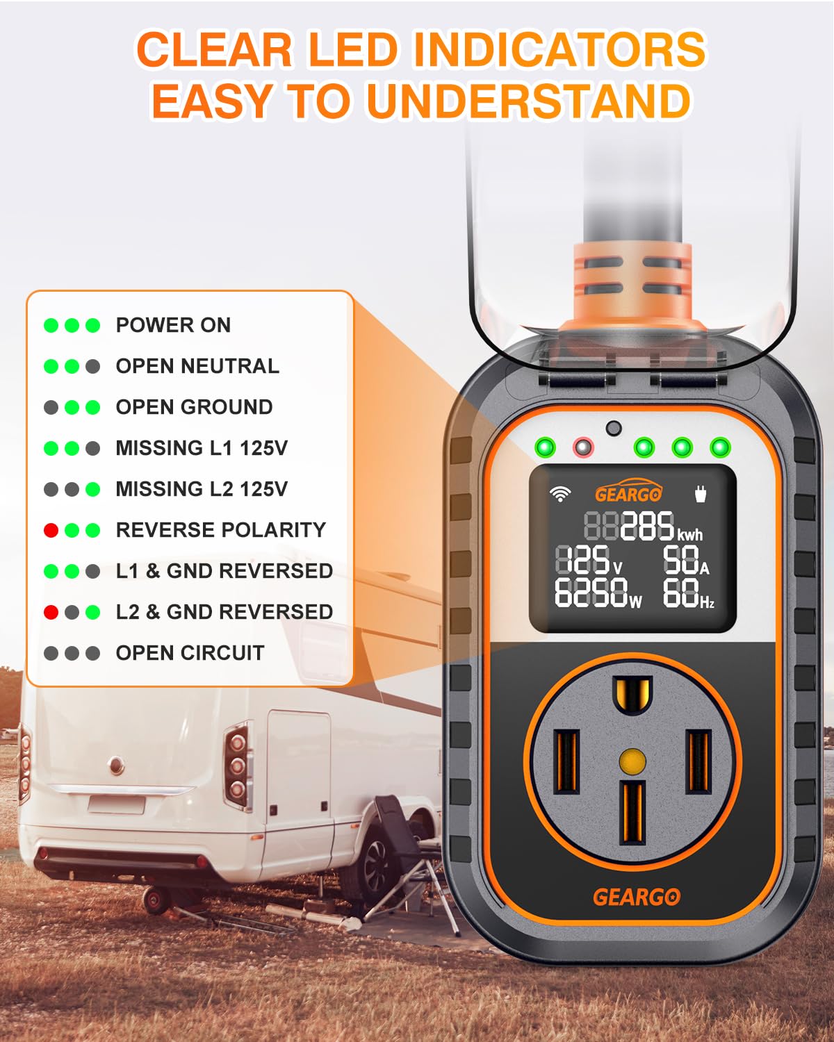 Detalle de GEARGO First 50 Amp RV Surge Protector with App Control & Smart LED Display