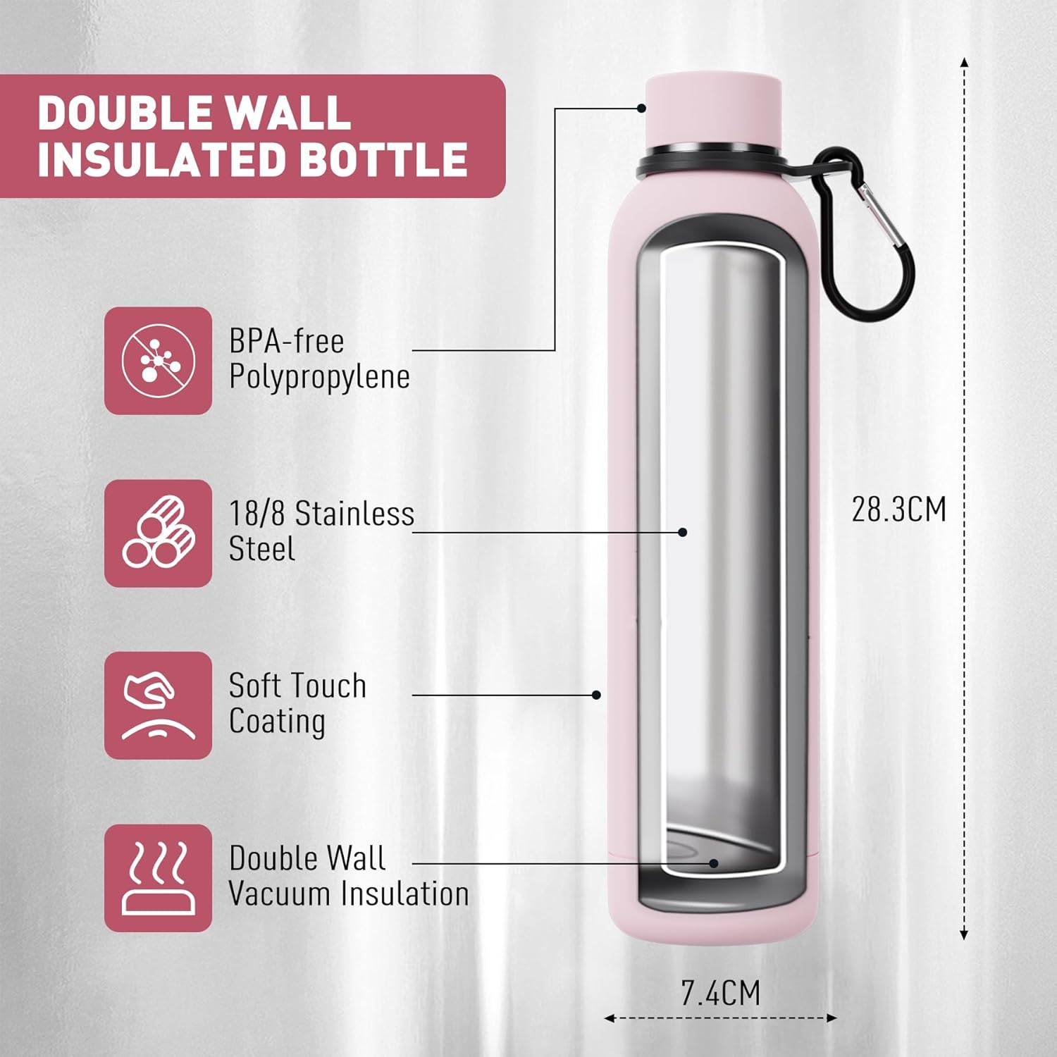 Thumbnail 1 de Exllena 750ml Insulated Water Bottle with Clip (Pink) – Double Wall Stainless Steel