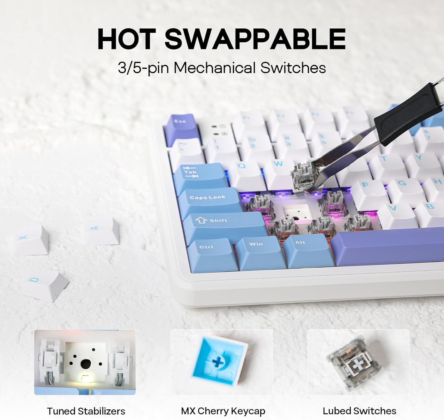 Detalle de EPOMAKER Aula F108 Wireless Gaming Keyboard (Full Size, Hot-Swappable) with 4000mAh Battery, 108 Keys, White & Blue