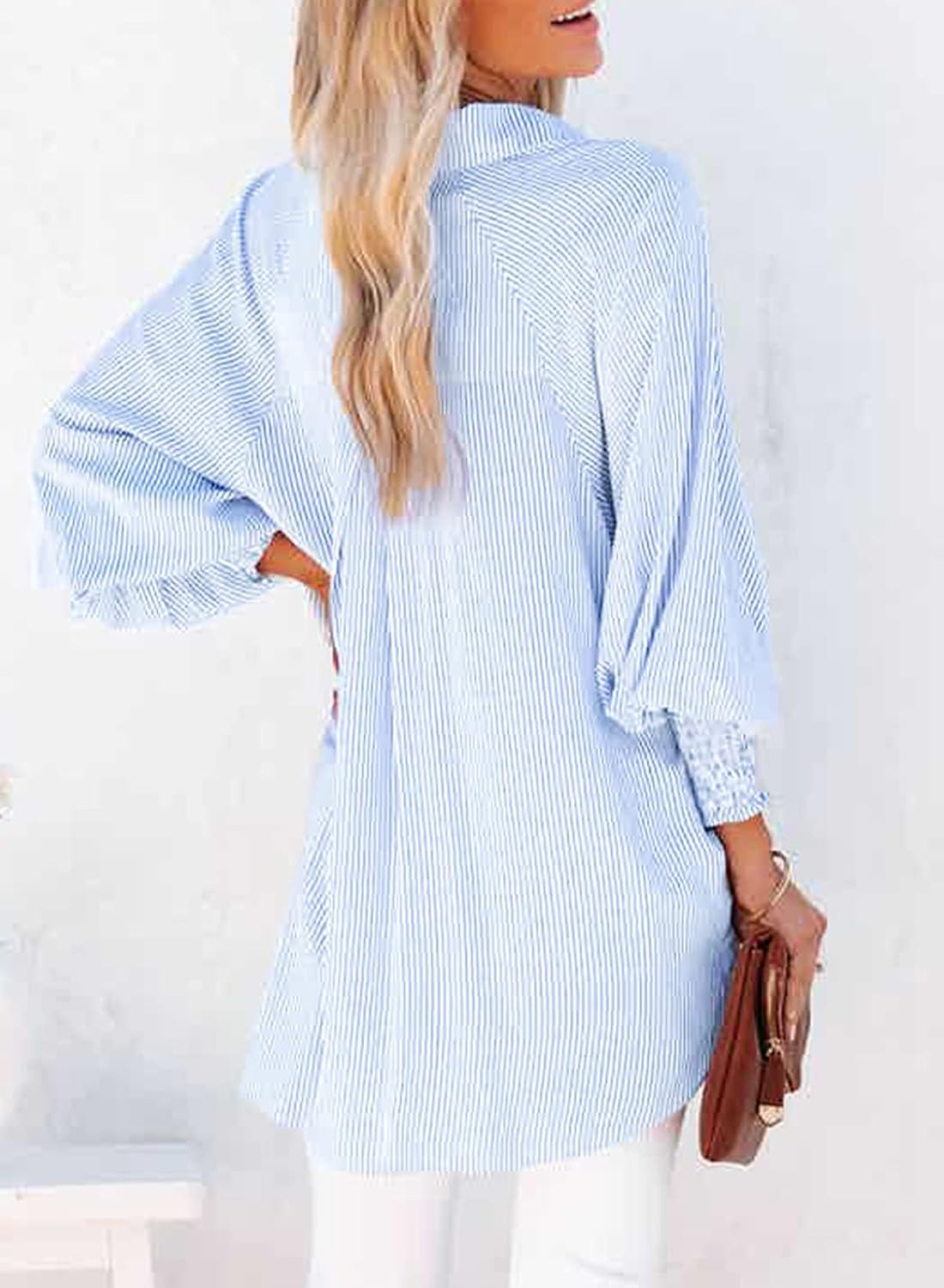 Thumbnail 1 de Womens Smocked Cuffed Striped Boyfriend Shirt blouse