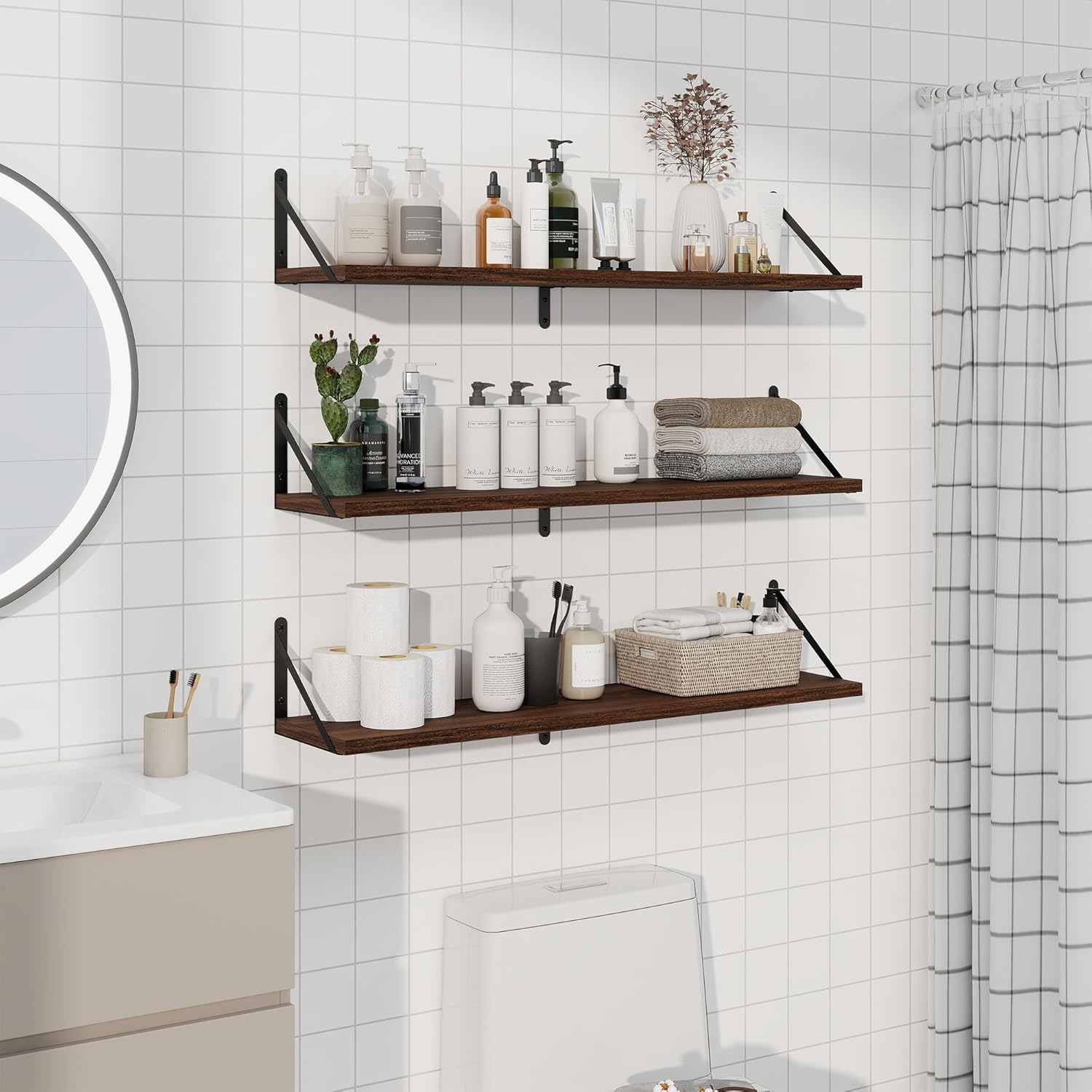 Thumbnail 5 de Feihorrm Floating Shelves Set of 3 – Walnut Wall Shelves, 90 x 20 cm