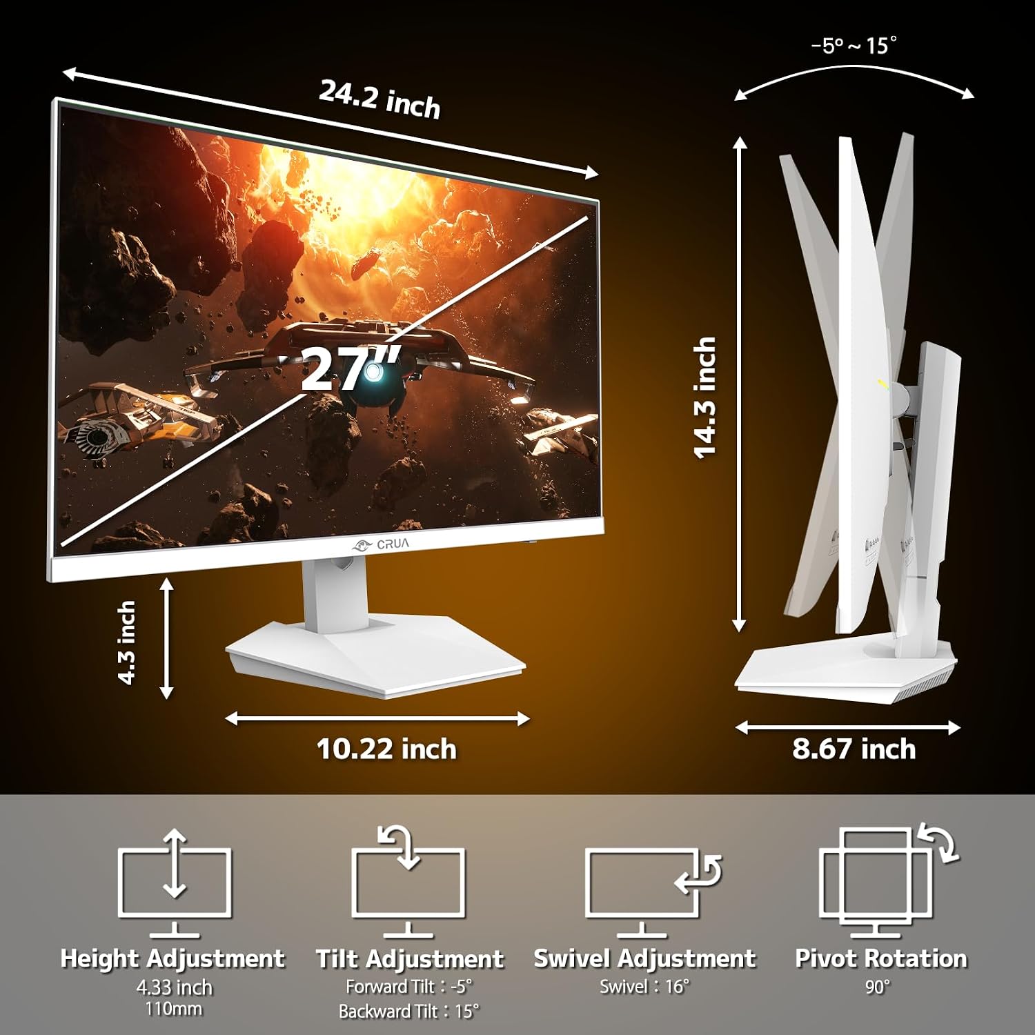Thumbnail 6 de CRUA 27" 4K Gaming Monitor with Dual-Mode 160Hz/320Hz, IPS, and Ergonomic Stand