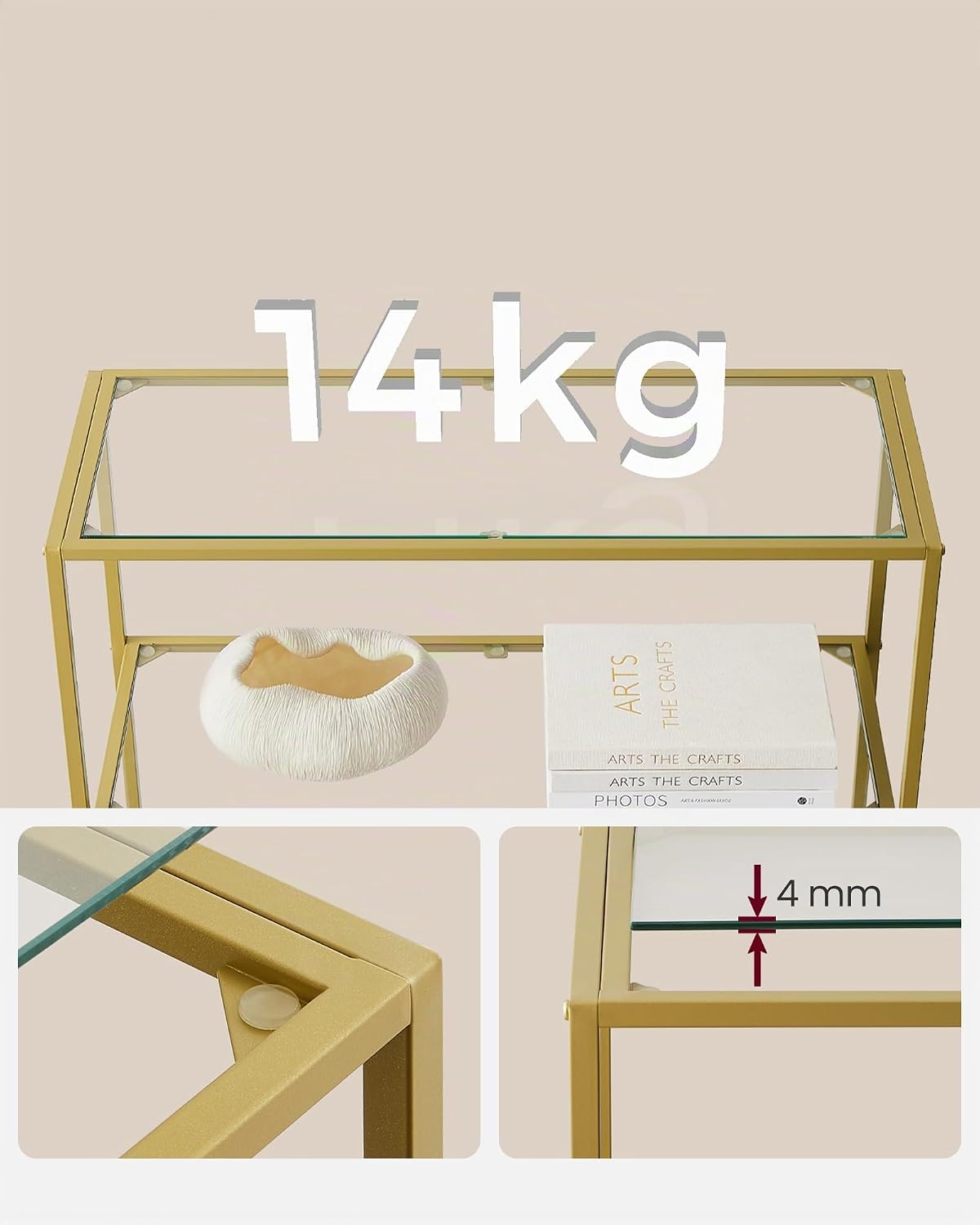 Detalle de VASAGLE LGT503A01 glashylla med 6 nivåer i härdat glas och guldfärgad metall