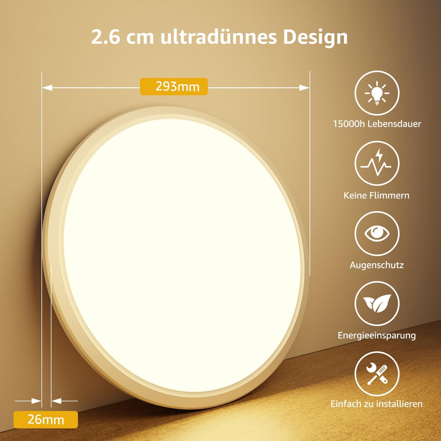 Detalle de Lepro Deckenlampe 24W IP44 – wasserdichte LED-Deckenleuchte für Bad, Küche und Wohnbereiche