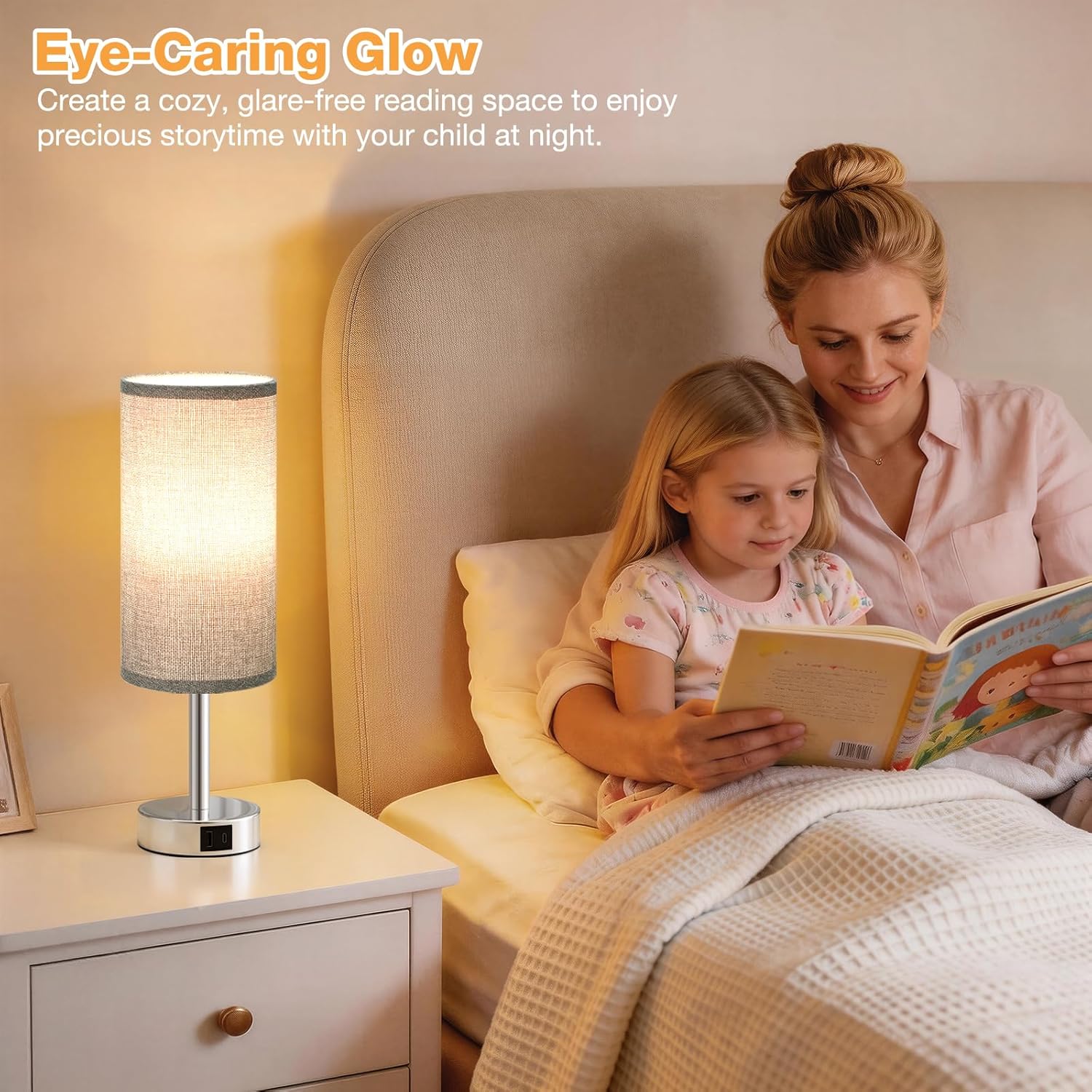 Thumbnail 3 de PreeOtti Grey Bedside Lamp with 3-Way Dimmable Touch Control and Dual USB Ports