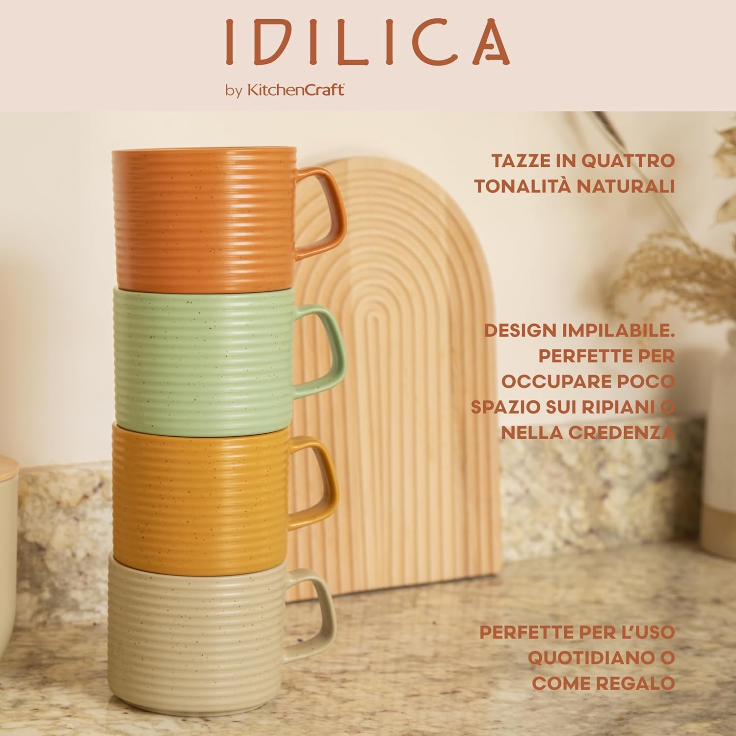 Detalle 2 de KitchenCraft Idilica: set di 4 tazze impilabili in gres, multicolore, 400 ml