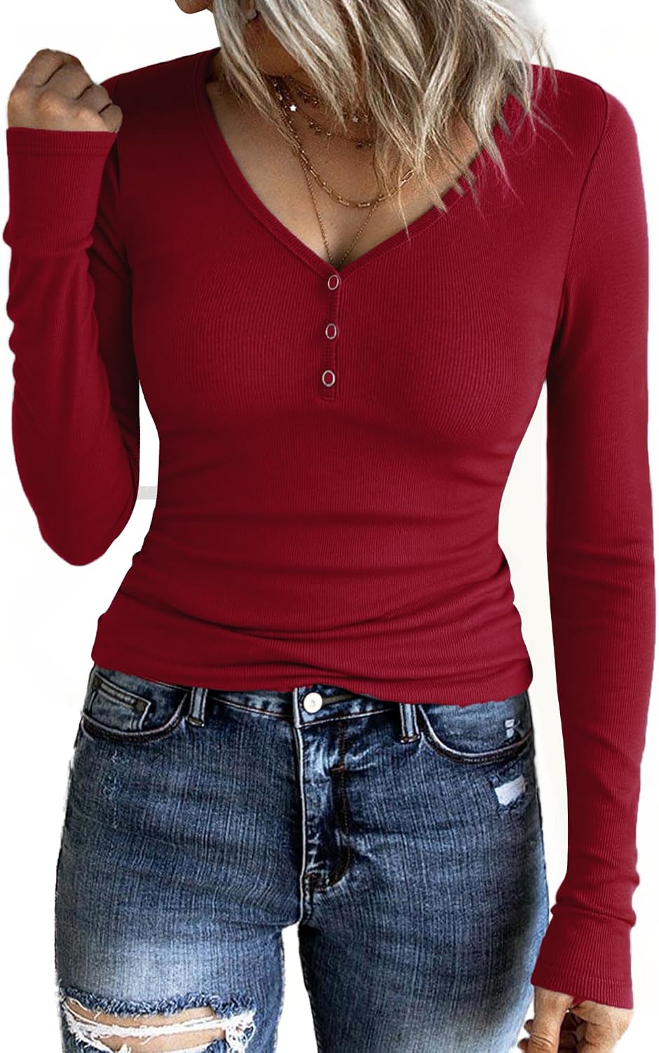 Detalle de Aottori Camiseta Manga Larga Mujer Cuello V