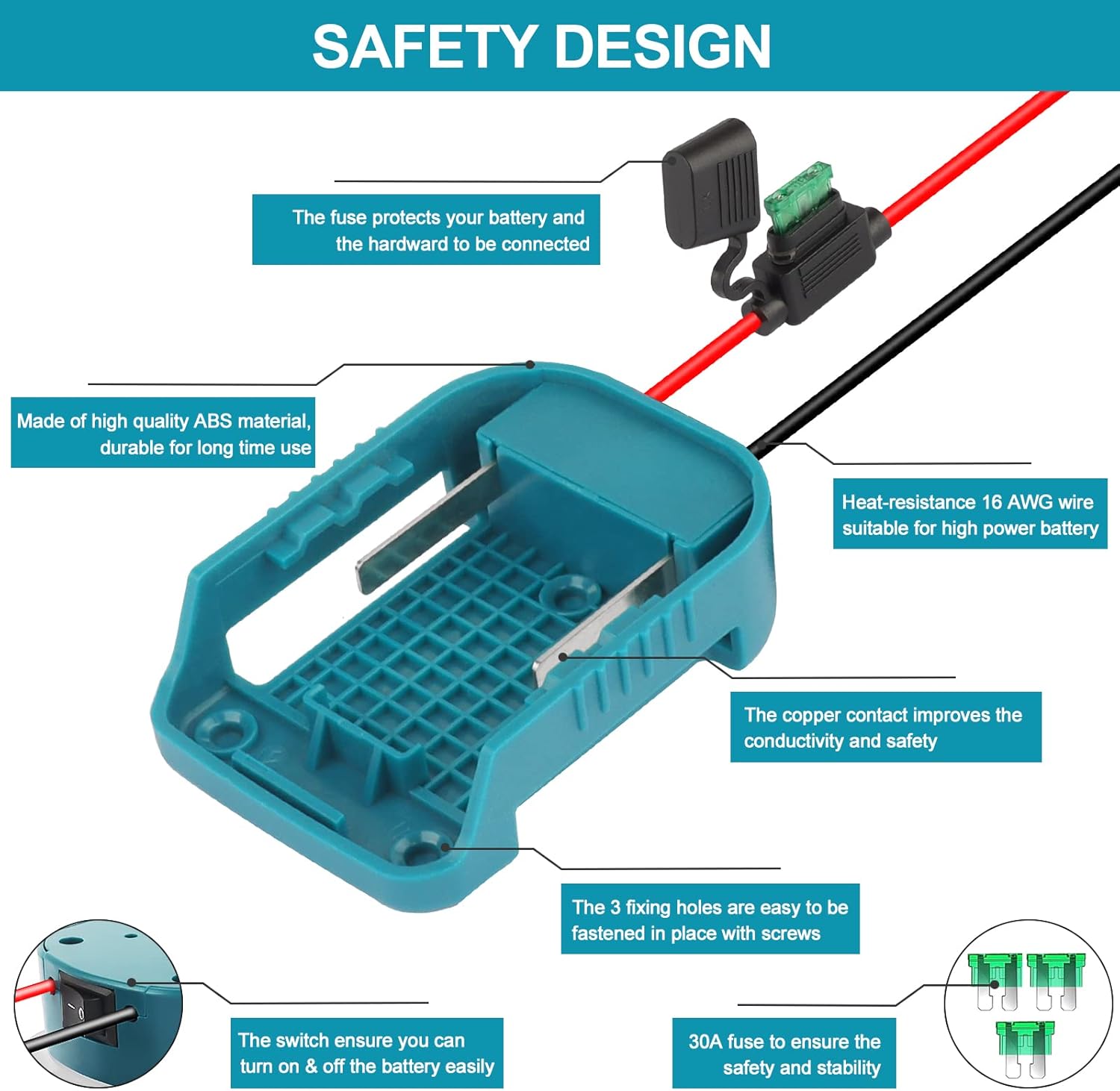 Detalle de 2 Pack QUPERR Power Wheel Adapter avec Fuse & Switch – Adaptateur pour Makita 18V