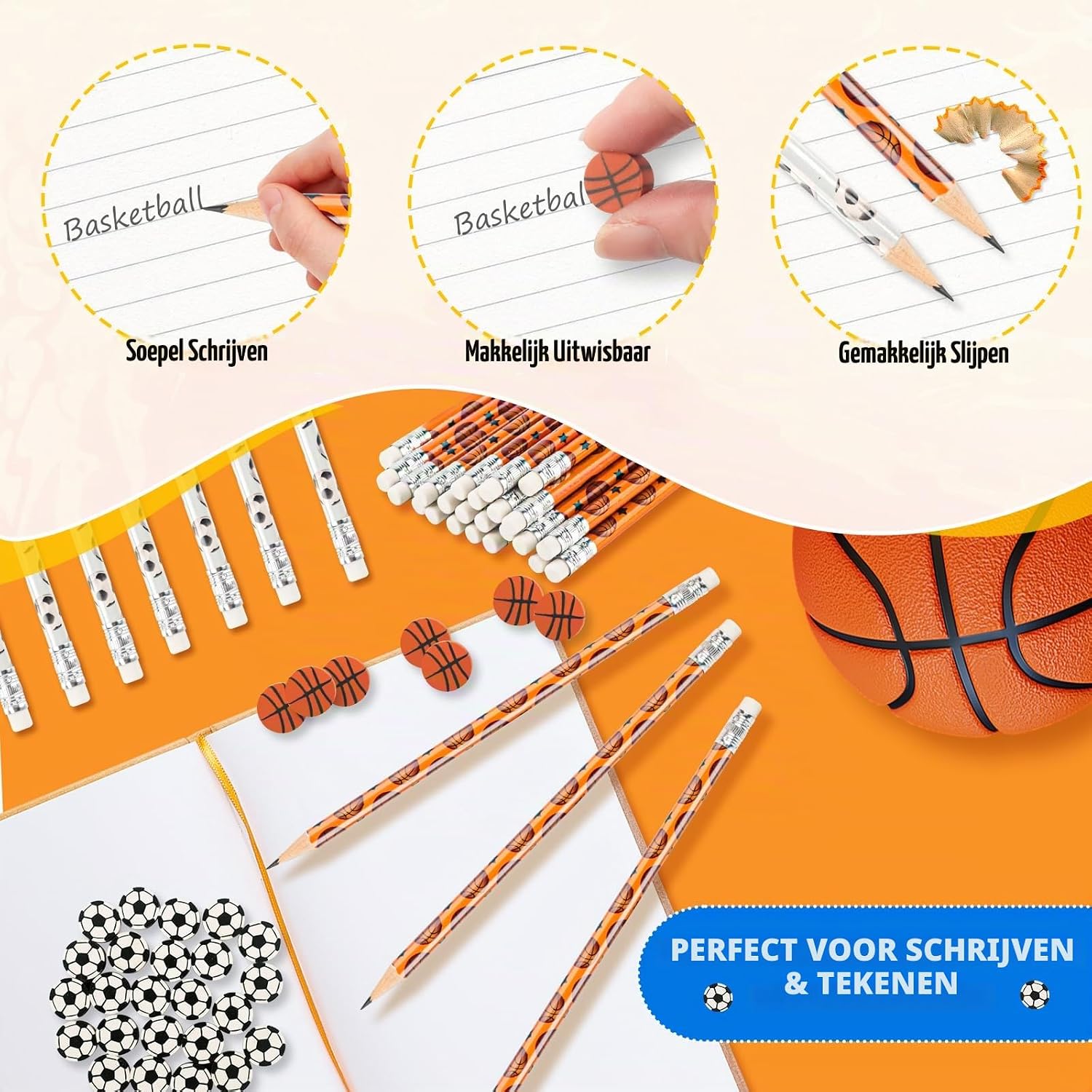 Detalle 1 de Phlognfy basketbal-cadeauset met 24 potloden en 24 gummen
