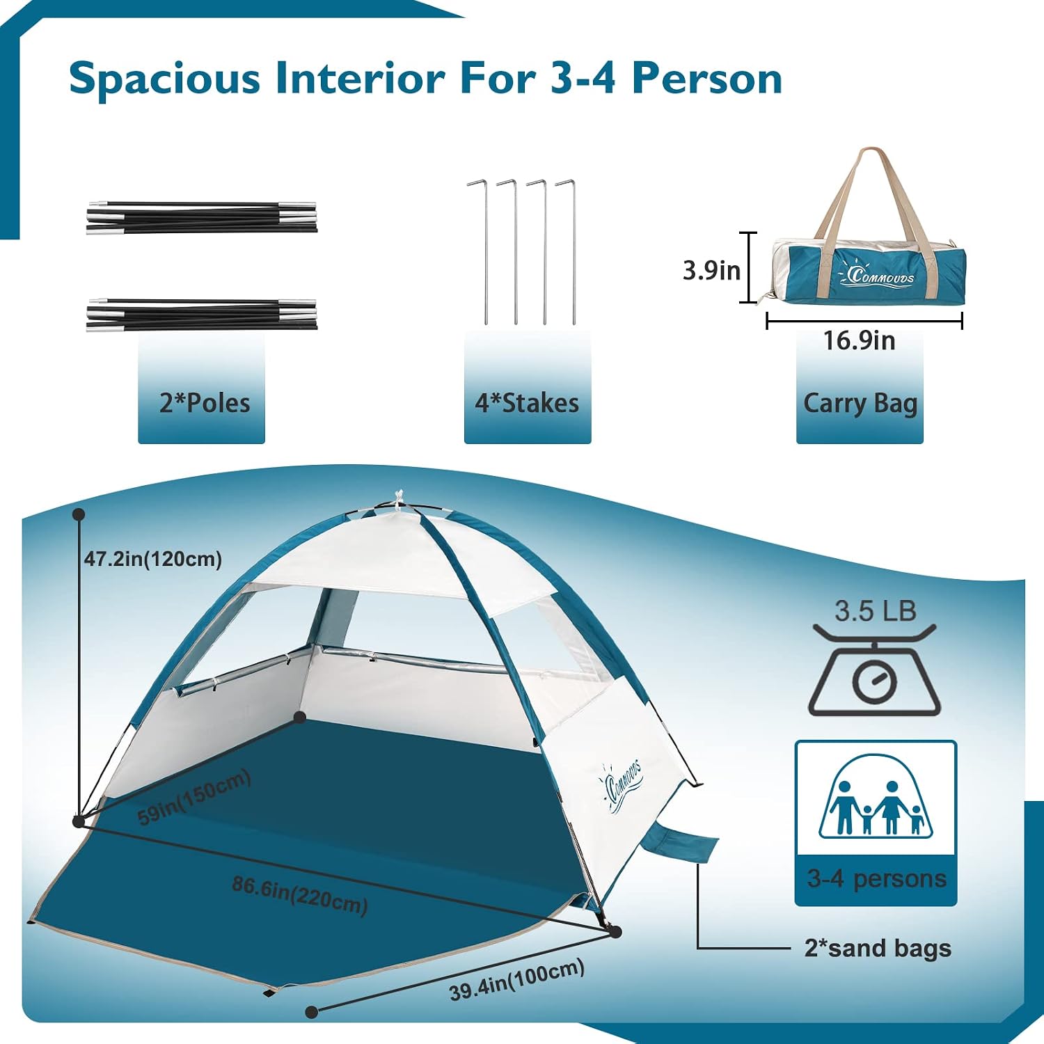 Thumbnail 1 de COMMOUDS strandtent voor 3-4 personen, UPF 50+, zilverkleurig