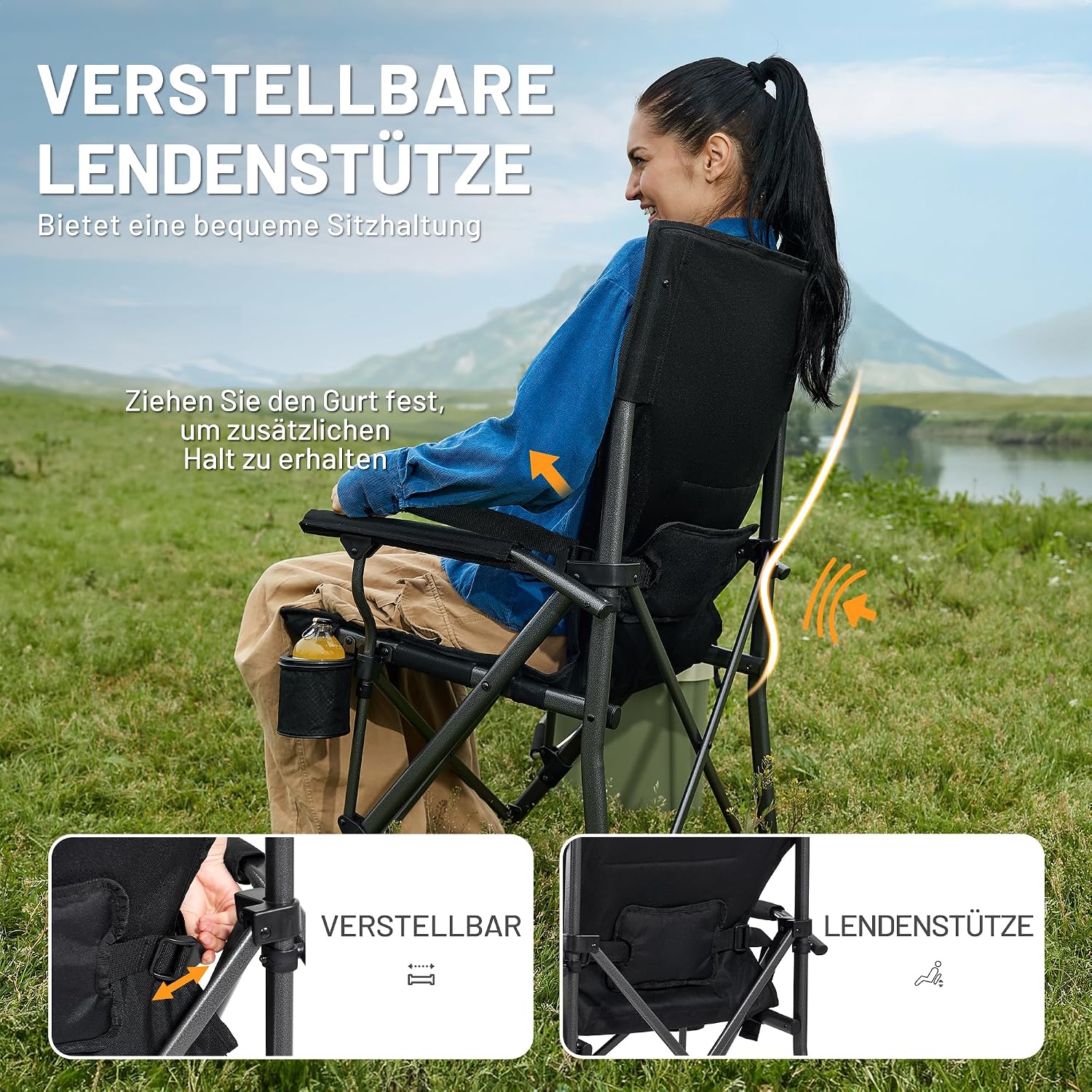Detalle de TIMBER RIDGE Faltstuhl Campingstuhl Hochlehner mit 150 kg Tragkraft, Getränkehalter und verstellbarer Rückenlehne