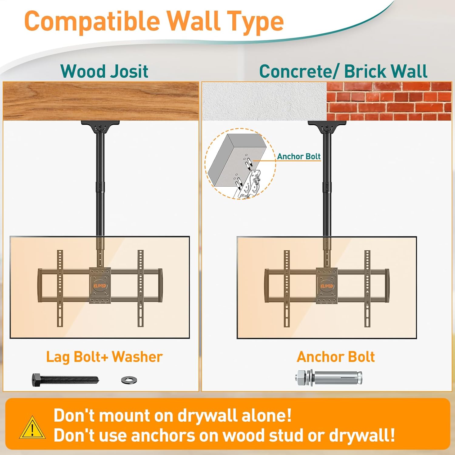 Thumbnail 5 de ELIVED ceiling TV bracket for 37–75 inch TVs (max VESA 600x400mm, up to 50kg)