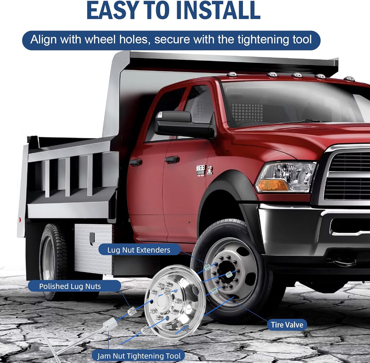 Detalle de hightall 19.5 Wheel Simulators for Dodge Ram 4500/5500 — 19.5" 10-Lug Stainless Hubcaps (Polished) 4-Piece Bolt-On Set