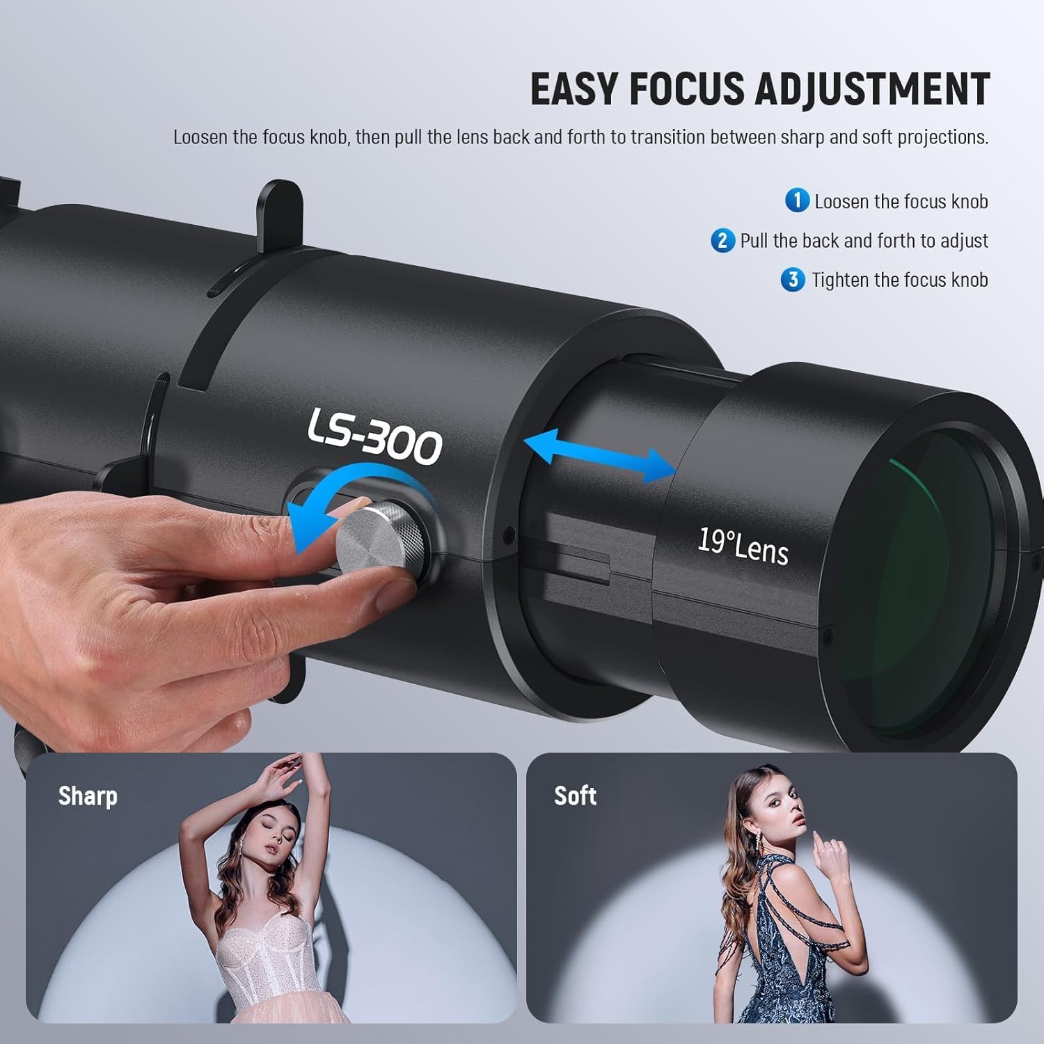 Thumbnail 4 de NEEWER LS-300 Spotlight Optical Snoot for 300W Bowens Mount LED video lights with 16 gobo projection lens