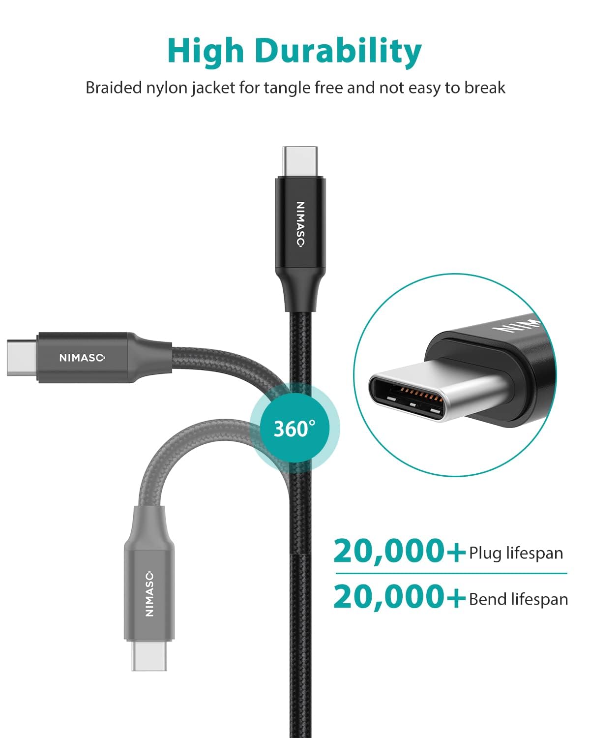 Thumbnail 5 de NIMASO USB-C 3.1 Gen 2 Cable (6.6ft) 10Gbps Data Transfer, 4K@60Hz DP Alt Mode, 100W PD Charging