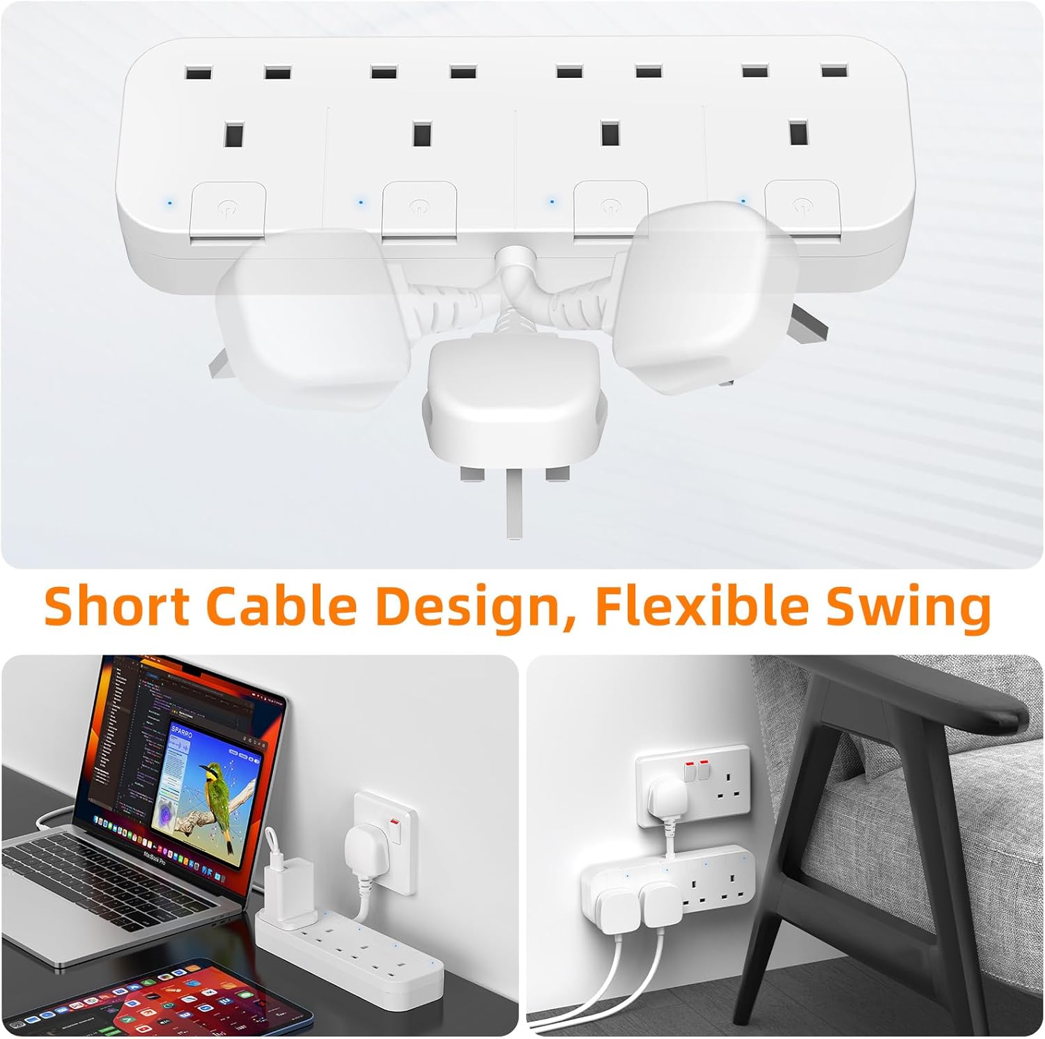 Detalle de Multi Plug Extension Socket 4 Way (Flexible Plug) with Individual Switches, UK 4-Gang Adapter – White